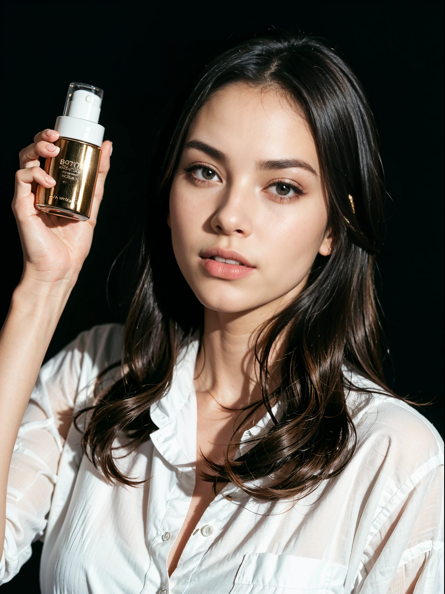 RAW Photo, DSLR BREAK
1 female-focused, a female model has a cosmetic bottle in her hands, (wearing a white shirt), ((upper body portrait)), ((depth of field)), (cosmetic bottle), the model's skin is healthy and clear, and the cosmetics bottle shines luxuriously, skin care, flower, (cosmetics commercial photos), clean atmosphere, in the studio, shot on Hasselblad camera, medium format, dramatic lighting, beauty brand, Saint Laurent cosmetic, (High key)