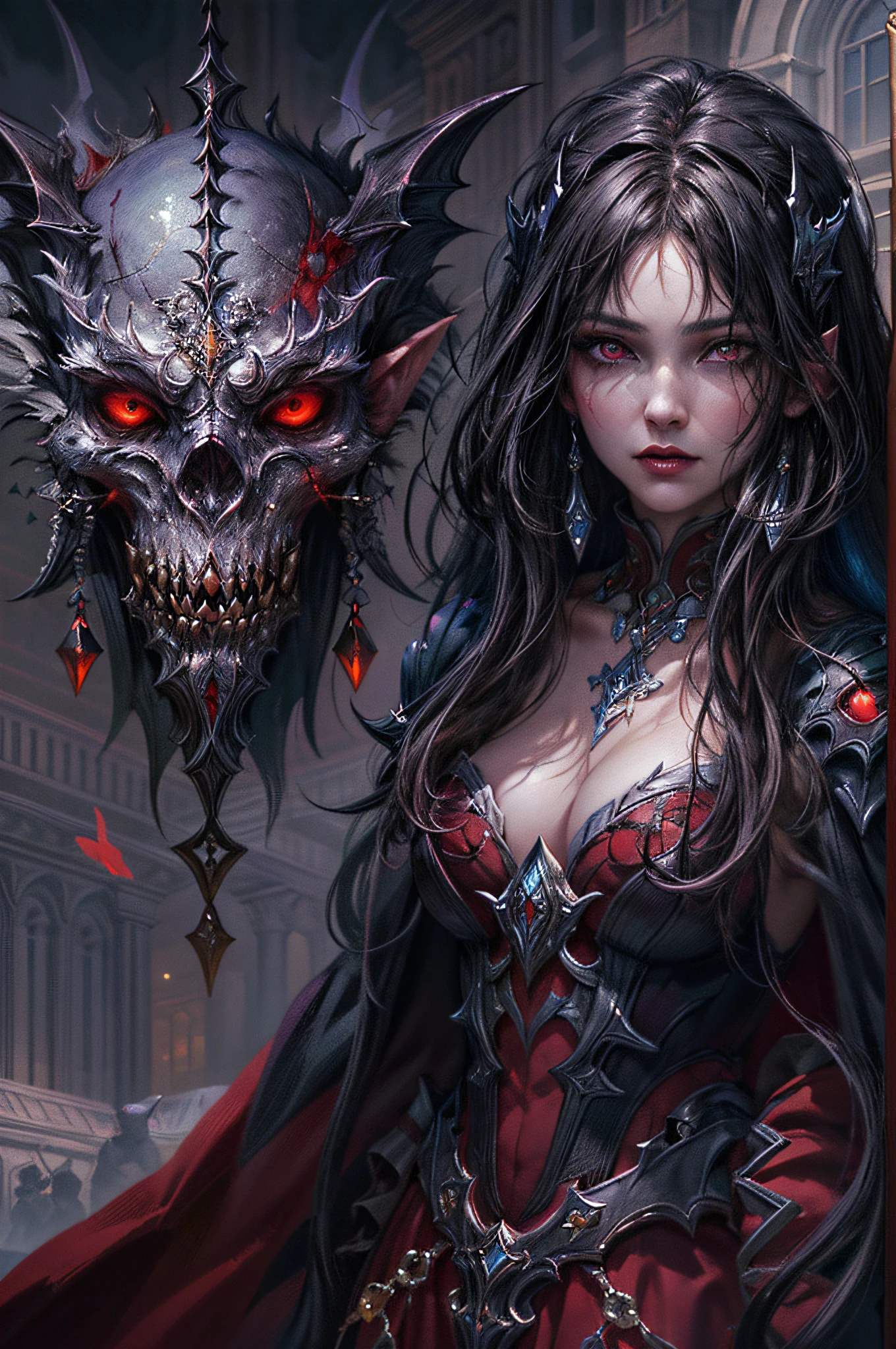 arafed, dark fantasy art, gothic art, (masterpiece:1.5), full body best details, highly detailed, best quality, highres, full body portrait of a vampire, elf (1.6, Masterpiece, best quality), ultra feminine (1.4 intricate details, Masterpiece, best quality) with a long curvy hair, dark color hair, red eyes (1.3 fantasy art, Masterpiece, best quality), ((beautiful delicate face)), Ultra Detailed Face (1.4 intricate details, fantasy art, Masterpiece, best quality), [visible sharp vampiric fangs] (1.6 intricate details, fantasy art, Masterpiece, best quality), [anatomically correct] red cloak, flowing cloak (1.4 intricate details, fantasy art, Masterpiece, best quality), wearing an intricate leather [white] dress (1.4 intricate details, gothic art, Masterpiece, best quality), high heeled boots, blood dripping on lips, urban background (intense details, beat details), fantasy, at night light, natural ,moon light, soft moon light, moon rays, clouds, gothic atmosphere, gothic street background, bats flying in background, soft light, dynamic light, [[anatomically correct]], high details, best quality, 8k, [ultra detailed], masterpiece, best quality, (extremely detailed), dynamic angle, ultra wide shot, RAW, photorealistic, zrpgstyle