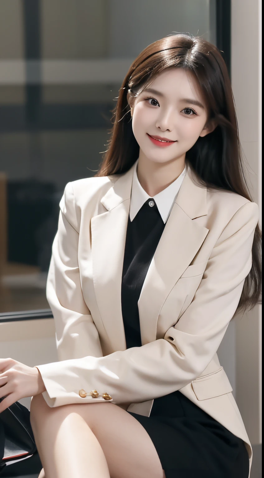 Best quality, 4K, tmasterpiece, The content is very detailed, high detal, Elegant office girl,Wearing a smart black suit,Fan Yujie,smiling at camera,Nikon 750