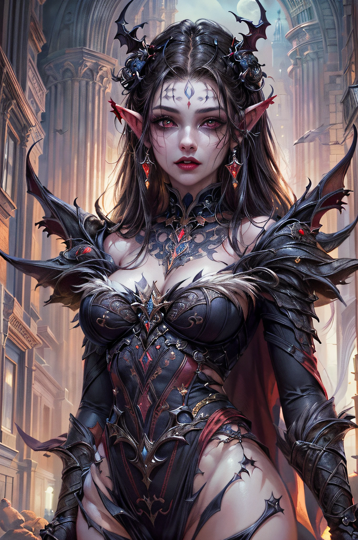 arafed, dark fantasy art, gothic art, (masterpiece:1.5), full body best details, highly detailed, best quality, highres, full body portrait of a vampire, elf (1.6, Masterpiece, best quality), ultra feminine (1.4 intricate details, Masterpiece, best quality) with a long curvy hair, dark color hair, red eyes (1.3 fantasy art, Masterpiece, best quality), ((beautiful delicate face)), Ultra Detailed Face (1.4 intricate details, fantasy art, Masterpiece, best quality), [visible sharp vampiric fangs] (1.6 intricate details, fantasy art, Masterpiece, best quality), [anatomically correct] red cloak, flowing cloak (1.4 intricate details, fantasy art, Masterpiece, best quality), wearing an intricate leather [white] dress (1.4 intricate details, gothic art, Masterpiece, best quality), high heeled boots, blood dripping on lips, urban background (intense details, beat details), fantasy, at night light, natural ,moon light, soft moon light, moon rays, clouds, gothic atmosphere, gothic street background, bats flying in background, soft light, dynamic light, [[anatomically correct]], high details, best quality, 8k, [ultra detailed], masterpiece, best quality, (extremely detailed), dynamic angle, ultra wide shot, RAW, photorealistic, zrpgstyle