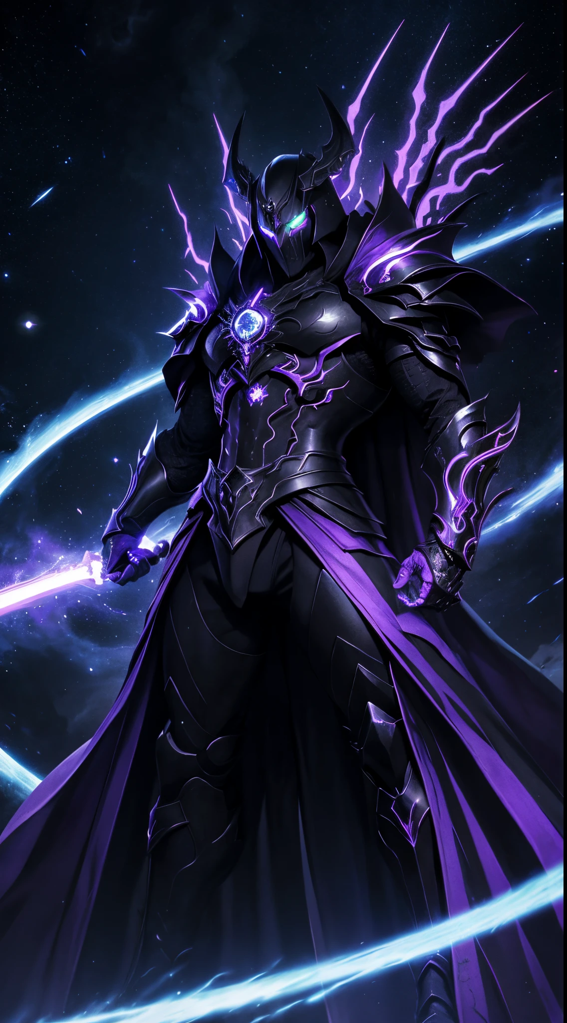 Umbros, wearing shadowy armor intertwined with lines of cosmic energy, has an imposing presence with glowing eyes that reflect the duality between merciless judgment and a dark quest for universal balance in bleach style