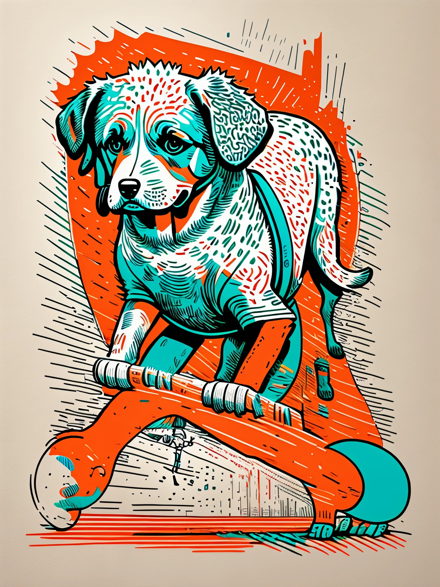 a cute cartoon boy is wearing short sleeves and leading the dog, full body, White background doodle in the style of Keith Haring, sharpie illustration, bold lines and solid colors, simple details, minimalist, thick lines --auto --s2
