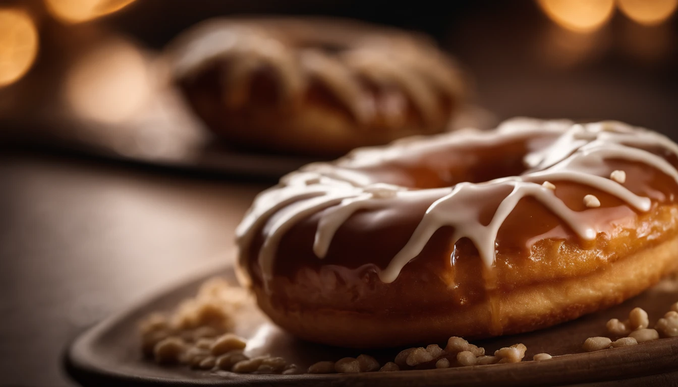 A high-resolution image of a freshly baked donut, still warm and covered in a thick glaze, with the glaze dripping down the sides and creating a visually indulgent and mouthwatering scene.