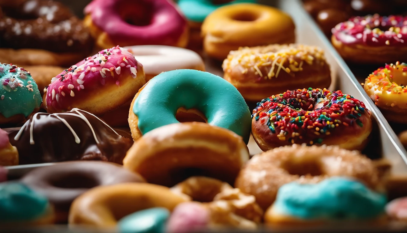 A visually stunning composition of a tray filled with an assortment of colorful donuts, with different flavors and toppings, creating a visually vibrant and enticing display.