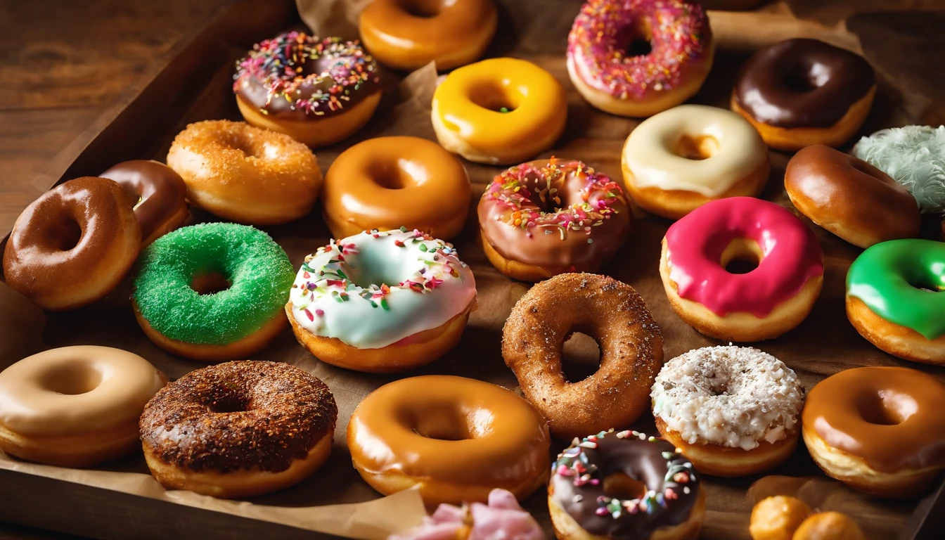 A visually stunning composition of a tray filled with an assortment of colorful donuts, with different flavors and toppings, creating a visually vibrant and enticing display.