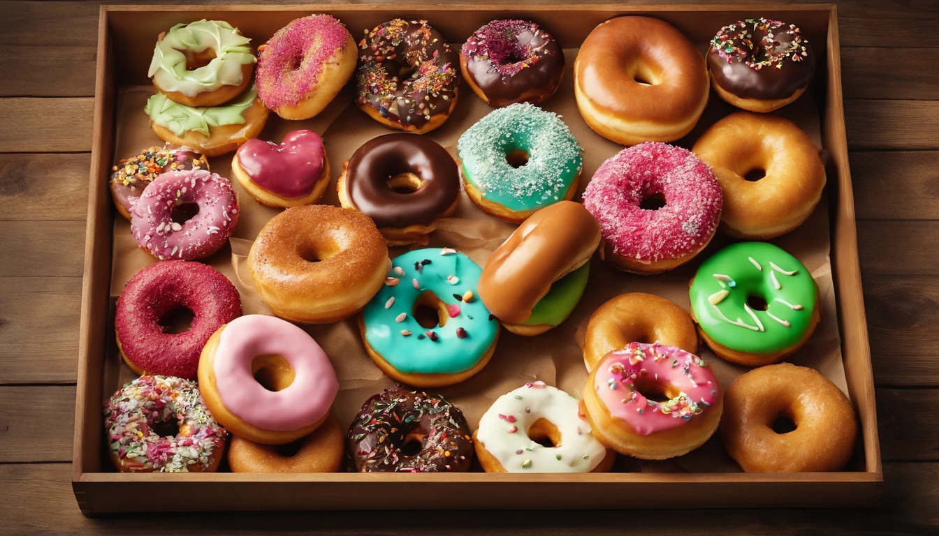 A visually stunning composition of a tray filled with an assortment of colorful donuts, with different flavors and toppings, creating a visually vibrant and enticing display.