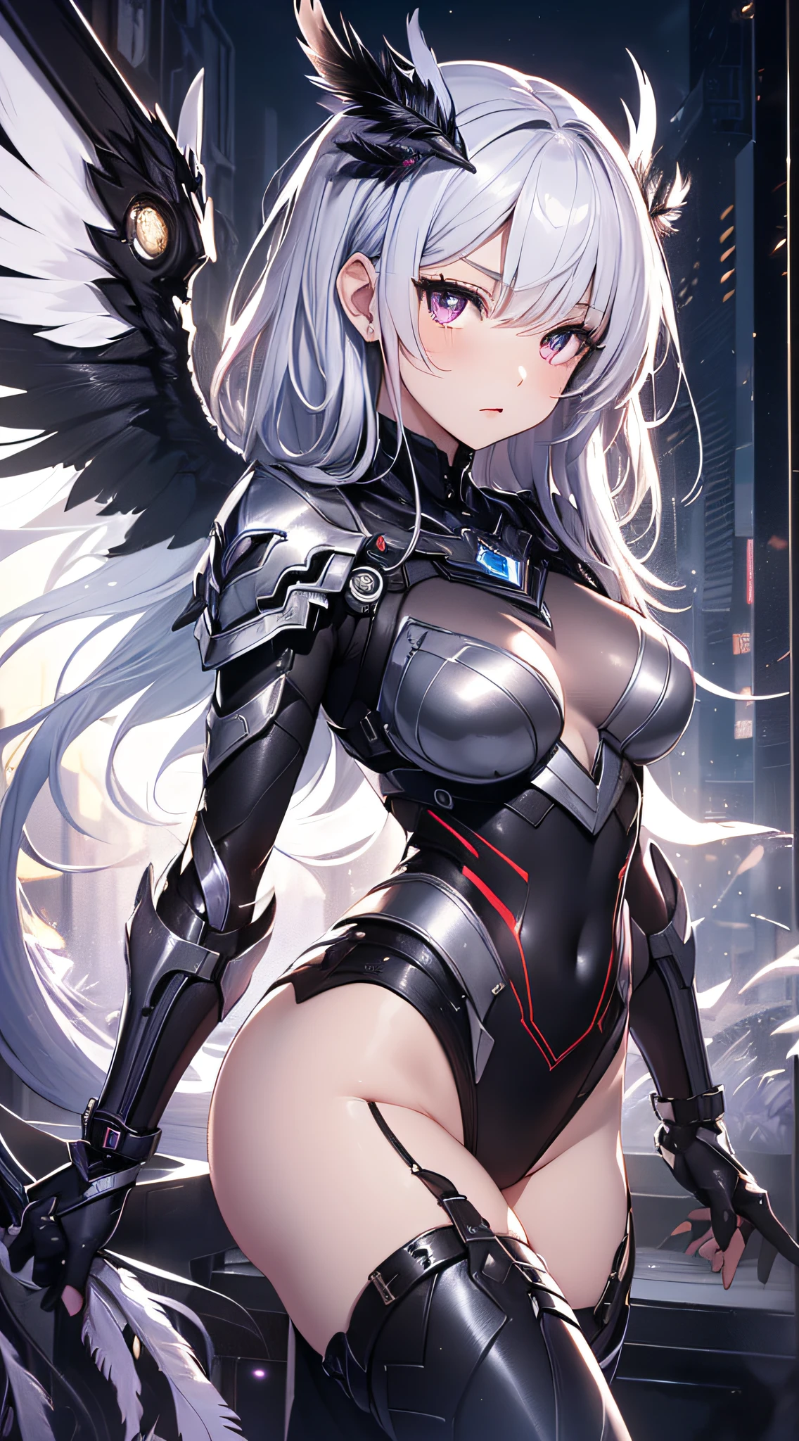 top-quality、Top image quality、masterpiece、girl with((Silver and black mechanical body armor、silver mechanical arm、silver leg arms、Shining red body line、、teen ager、cute lit Bust、big bast,Beautiful shining purple eyes、Breasts wide open, white hair、black mechanical wings,Longhaire、A slender,Large valleys、belligerent movements)),hiquality、Beautiful Art、Background with((Midnight City、murky、Fluttering black feathers)))、,masutepiece、depth of fields,Cinematic style