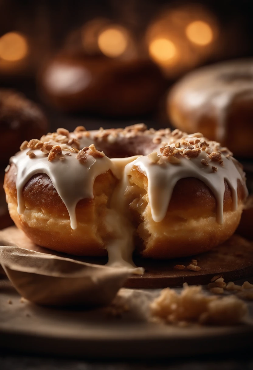 A close-up shot of a donut being sliced in half, revealing its fluffy and tender interior, with the layers and texture on display, creating a visually satisfying and detailed image.