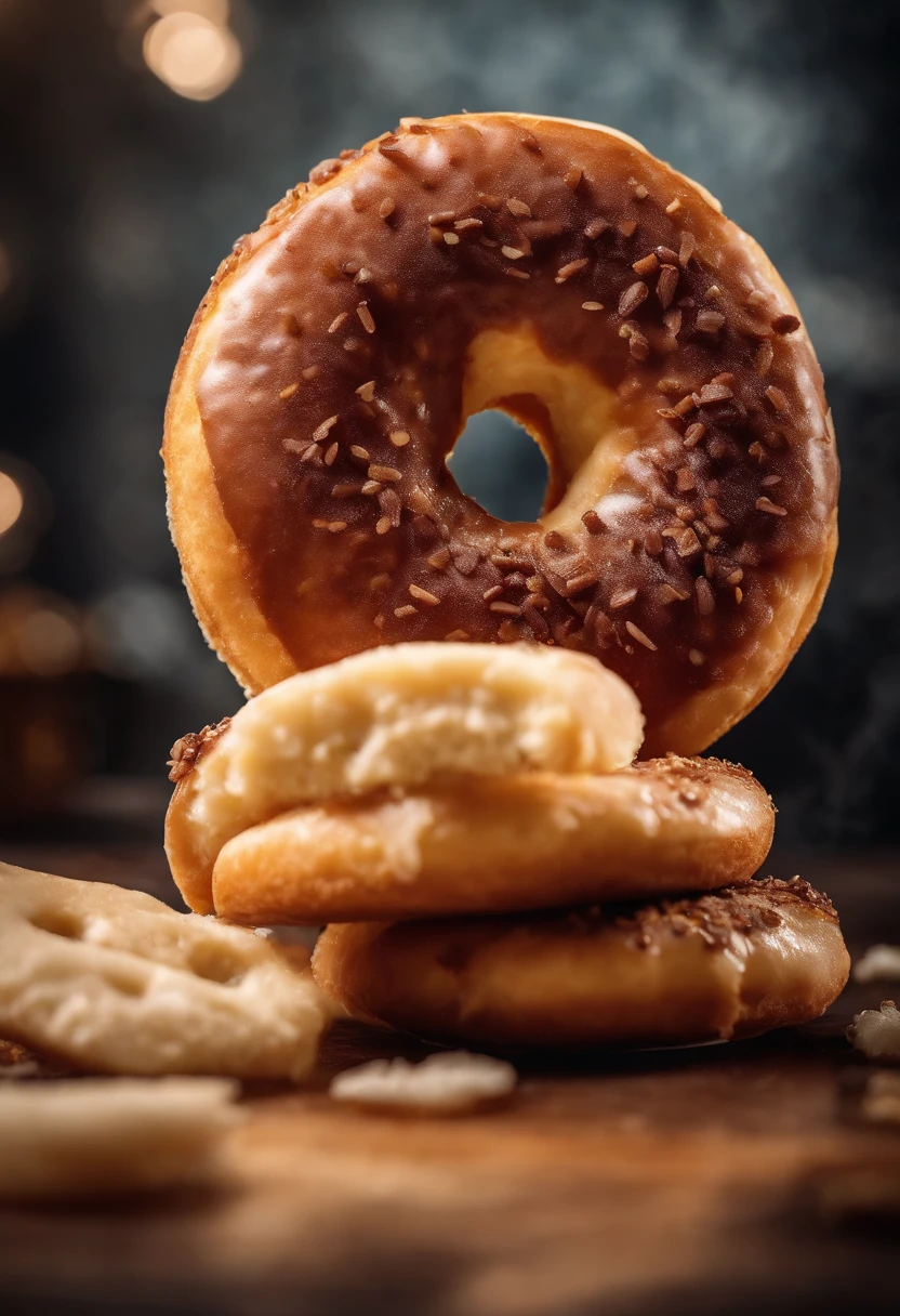 A close-up shot of a donut being sliced in half, revealing its fluffy and tender interior, with the layers and texture on display, creating a visually satisfying and detailed image.