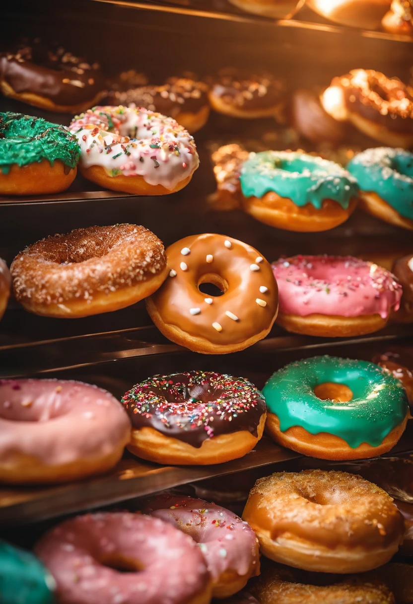 A high-resolution image of a donut shop display, with rows of perfectly round donuts in various flavors, colors, and designs, creating a visually inviting and tempting scene.