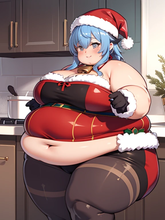 ((masterpiece)), 4K, Obese Ganyu, Christmas suit, Large Breastas, fat thick thighs, fat belly, fat arms, kitchen, cute face