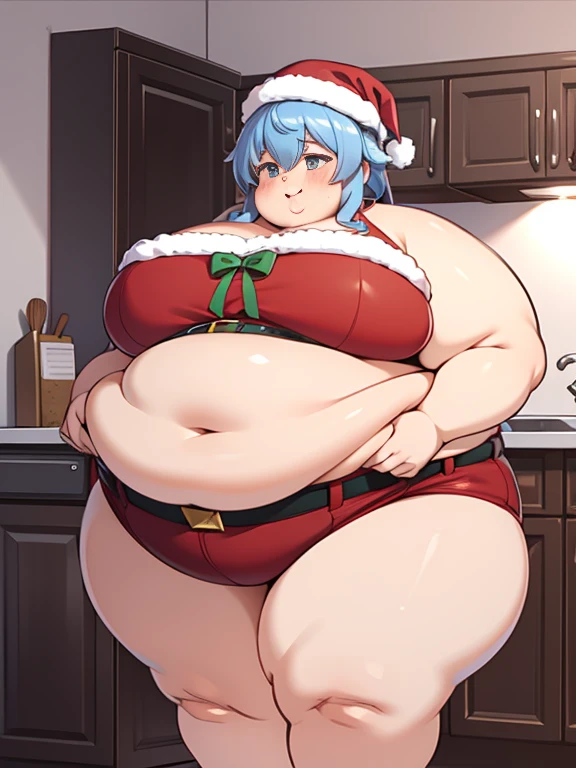 ((masterpiece)), 4K, Obese Ganyu, Christmas suit, Large Breastas, fat thick thighs, fat belly, fat arms, kitchen, cute face