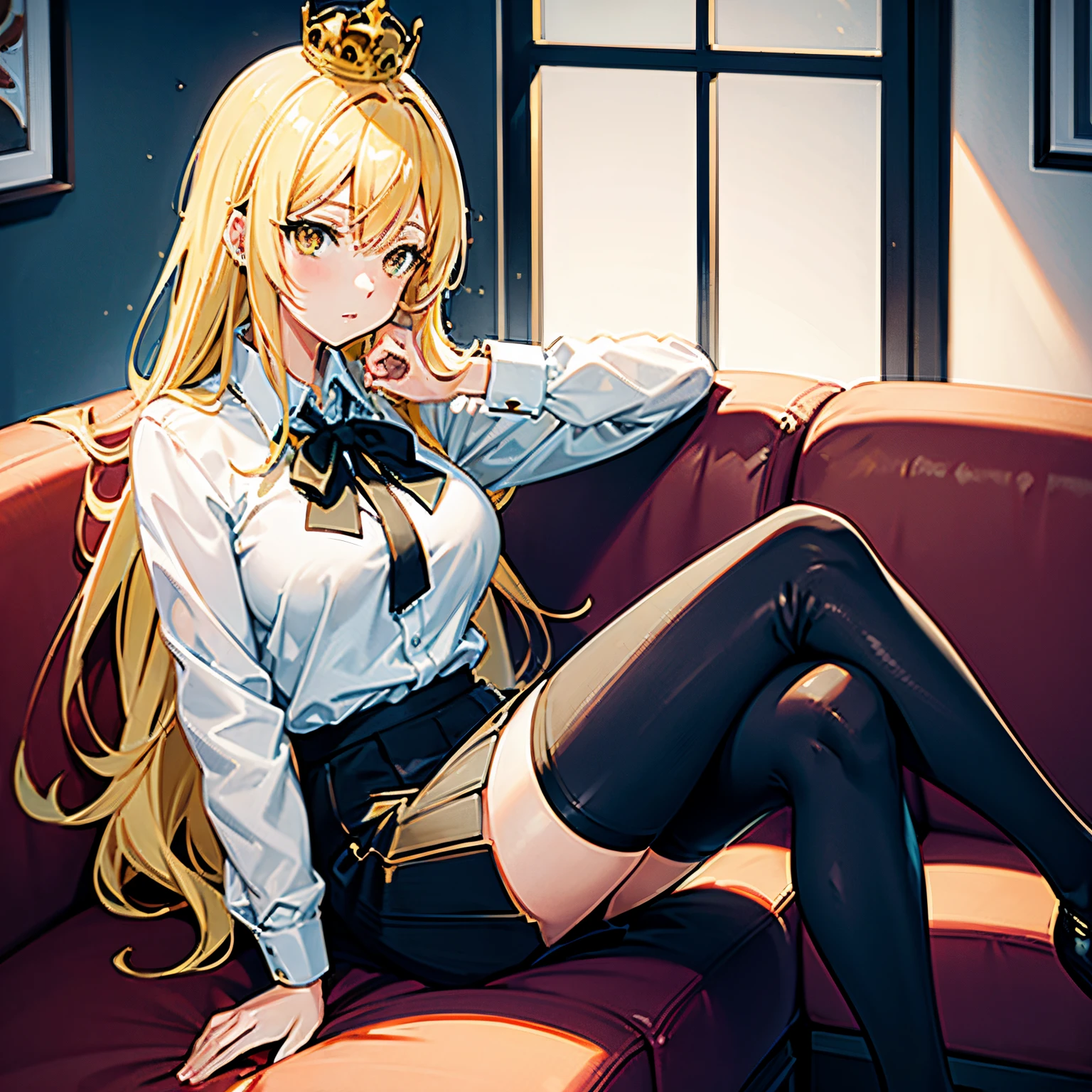 "anime girl, 1 person, bright blonde hair, yellow eyes, crown on head, women's shirt, office uniform, big breasts, tights, sitting on sofa, sitting cross-legged, chin in hand, looking , character perspective, solo, (full HD 4K+ image)"