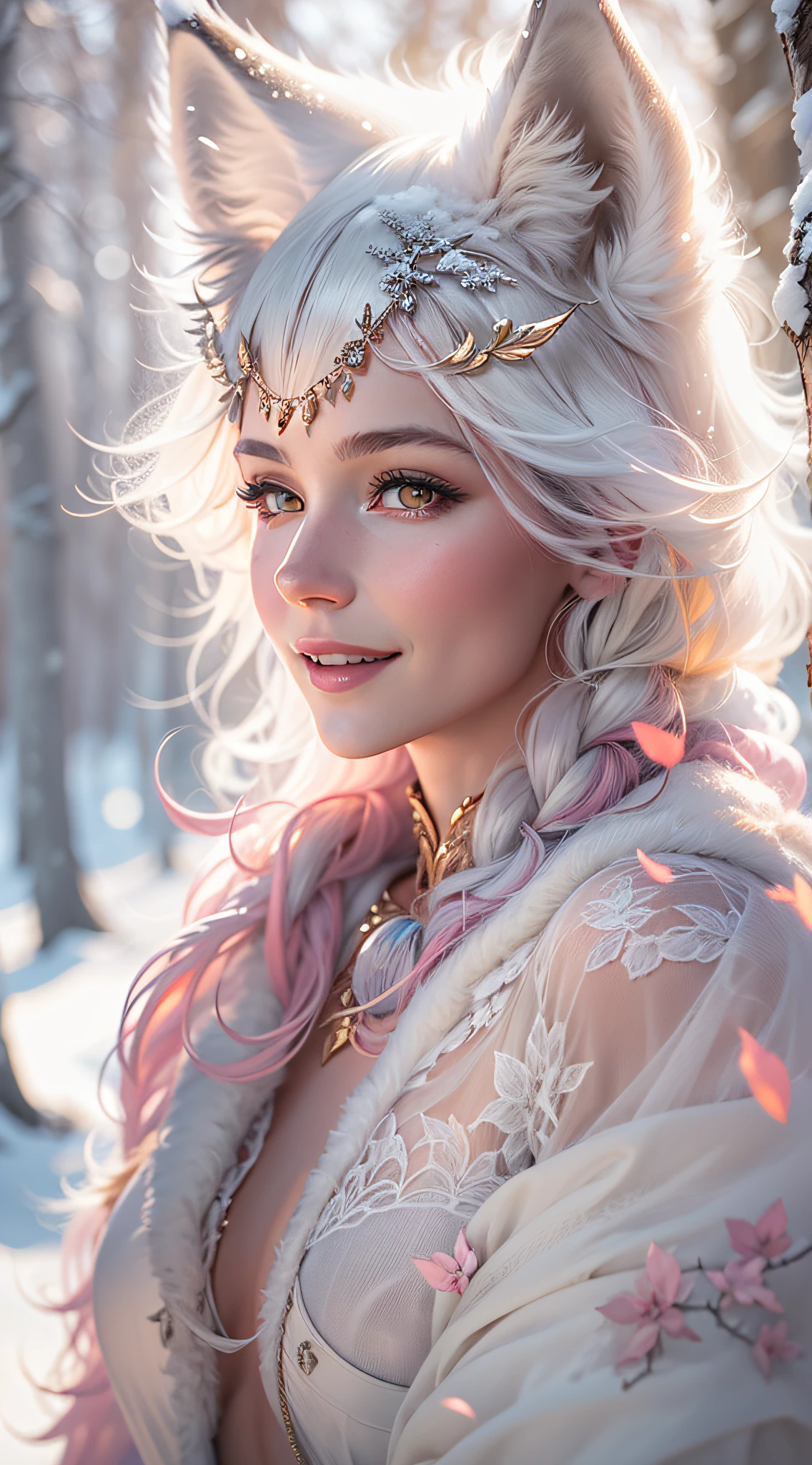 White wolf woman, pretty, Smiling, wolf ears, in mother-of-pearl silk, around there is a snow-covered grove in the sun&#39;s rays, Ultra-detailed, hyper realisitc, Masterpiece, Doubleexposure, looks strictly into the distance, morning frost, golden pink tones