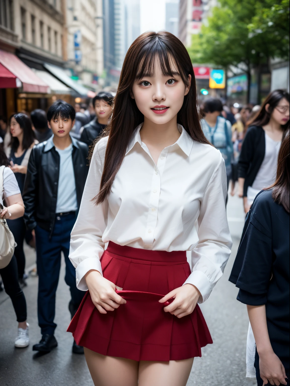 ((1 Korean girl)), ethereal beautiful, beautiful girl,slim, real skin tone, soft light, close up picture, masterpiece, best quality, photo-realistic, high resolution, detailed skin, 8k uhd, dslr, soft lighting, high quality, film grain, Sony A7S, full body, sexy student uniform, ((in the train station platform)), ((dynamic pose)), soft hairy pussy, red backpack