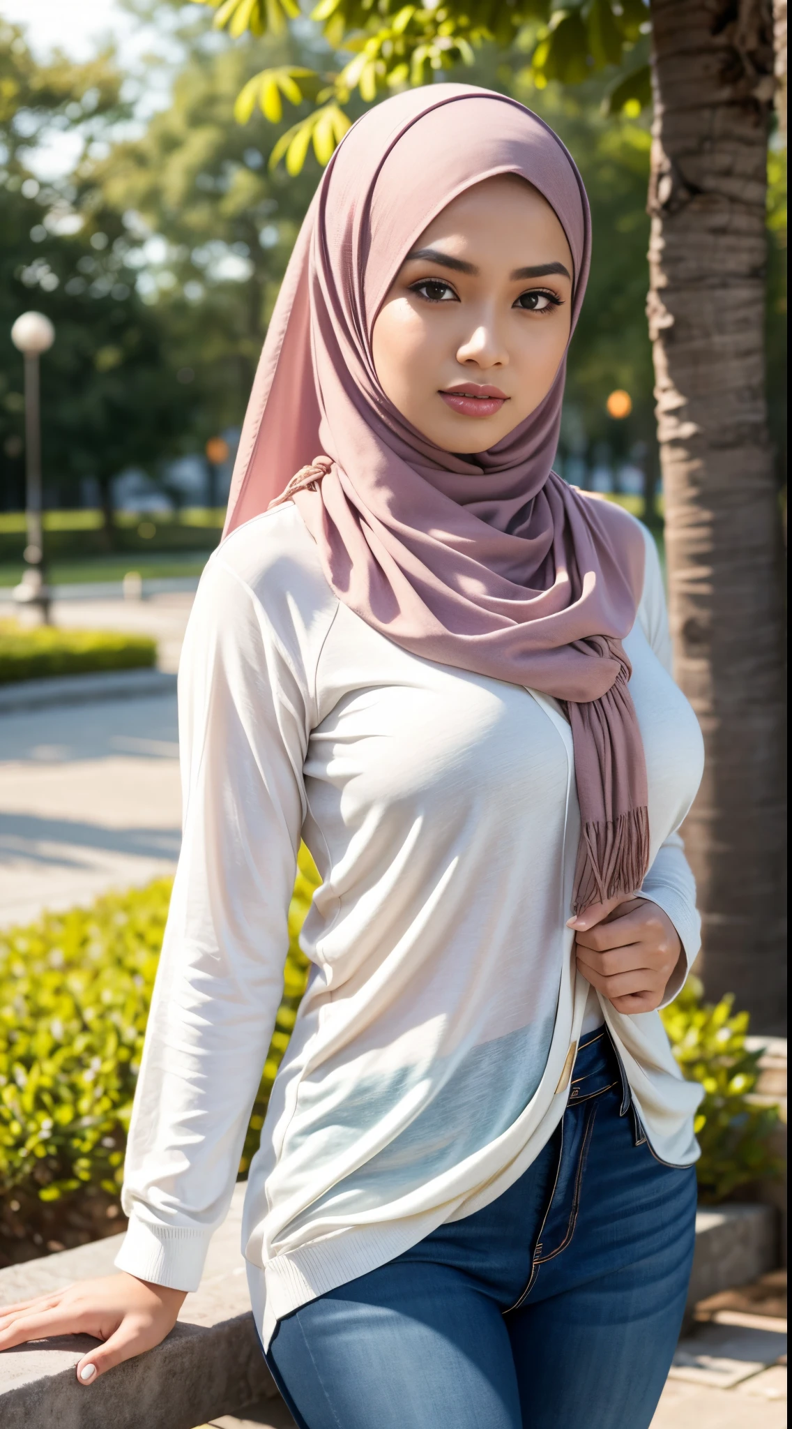RAW, Best quality, high resolution, masterpiece: 1.3), beautiful Malay woman in hijab (iu:0.8)1beautiful Malay womanRAW, Best quality, high resolution, masterpiece: 1.3), beautiful Malay woman in hijab (iu:0.8),1beautiful Malay woman,wearing a white shirt, wearing Long cardigan with front closed,black jean,Tight pants,big breasts, morning walk, City park, Good lighting, Bright colors, Clean lines