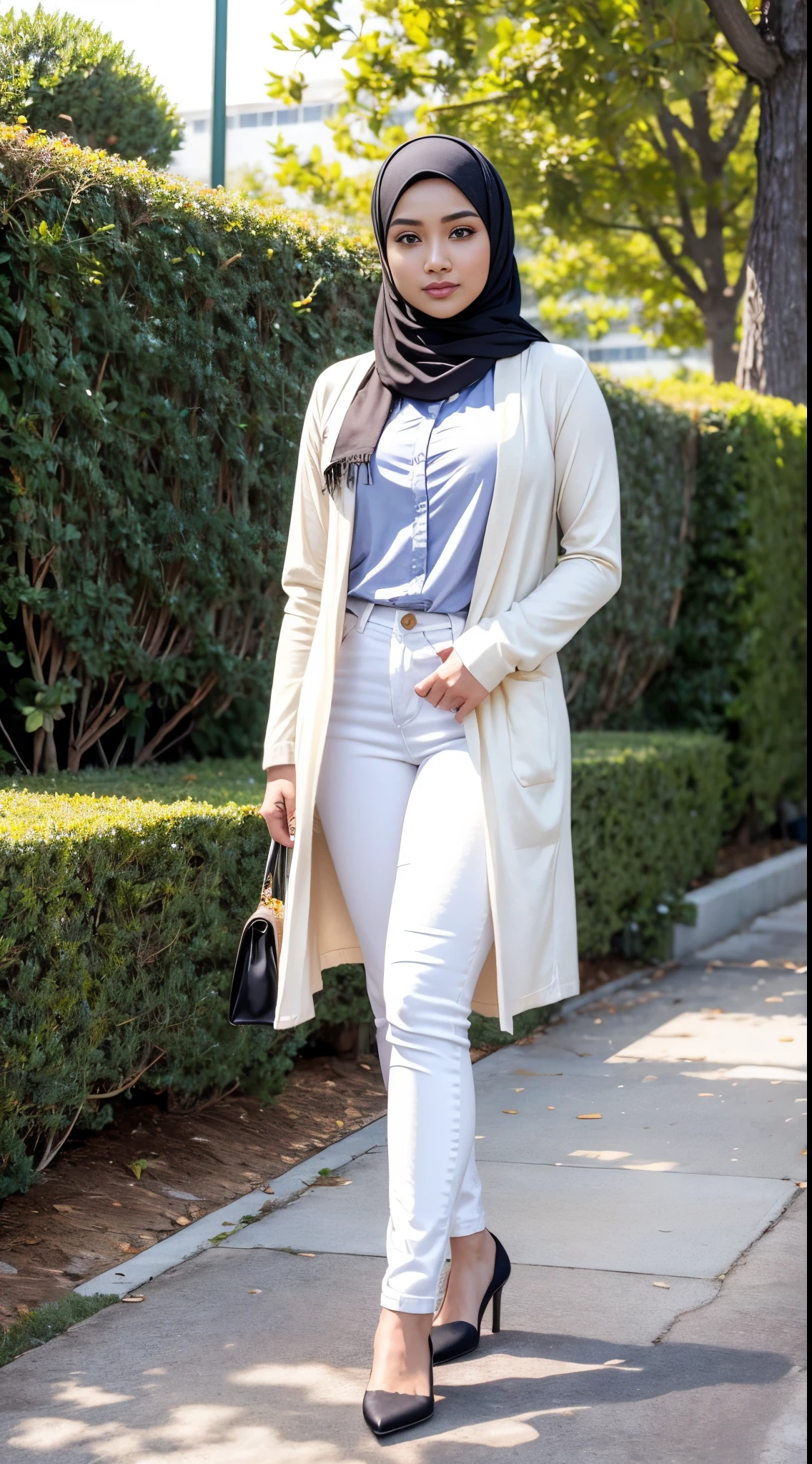 RAW, Best quality, high resolution, masterpiece: 1.3), beautiful Malay woman in hijab (iu:0.8)1beautiful Malay womanRAW, Best quality, high resolution, masterpiece: 1.3), beautiful Malay woman in hijab (iu:0.8),1beautiful Malay woman,wearing a white shirt, wearing Long cardigan with front closed,black jean,Tight pants,big breasts, morning walk, City park, Good lighting, Bright colors, Clean lines