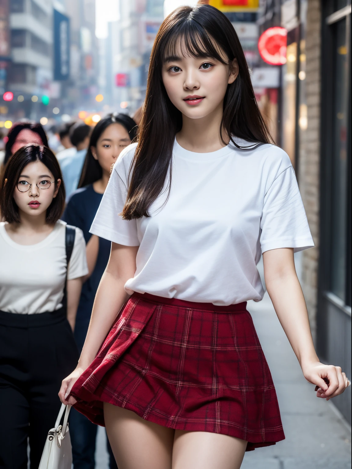 the Extremely Detailed CG Unity 8K Wallpapers、top-quality、ultra-detailliert、masterpiece、realisitic、Photo Real、extremely detailed cute girl、sixteen years old、(skirt rift)、(skirt lift by yourself))、white panties、panties focus、red blush、cparted lips、looking at the viewers、Semi-body shot、Wearing a ruffled shirt、Large crowds、Crowded city、