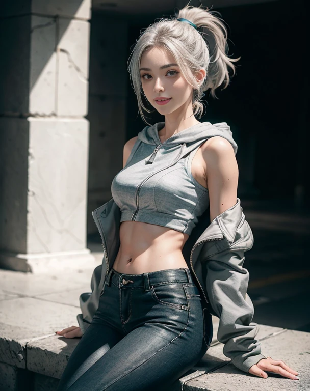 Masterpiece, 8K, photorealistic, ultra realistic, (1girl, solo),
_ 
the most beautiful, European ig model, 24 years old, 170 cm, (((large breasts:1.2))), ((slender waist, toned thighs, toned arms):1.3)), ((small head, small face, small mouth:1.3)), diamond Face, small nose, Sharp Faceline, 
_ 
BREAK (under body, dynamic angle, wide shot):1.4), sitting, from below, look at viewer, Focus foot, 
_ 
(black theme and White), in the night, Inorganic, Inorganic concrete studio with window, small window, gray concrete block, highly, blur, blur background, front lightning, Cinematic lighting,
_ 
BREAK ((big eyes, Double eyelid, tareme, droopy eyes):1.3), ((smile, small lips, teeth:1.3)), (mole under eye:1.2), (Perl White teeth), ((gray hair)), (short hair, ponytail), asymmetrical hair, (Aqua eyes:1.4), light makeup, thin eyebrow, shiny skin, detailed skin, detailed face, (detailed face skin), perfect eyes, (detailed eyes:1.3), shiny hair, ultra-detailed fingers,
_ 
BREAK ((Gray down jacket adorned with elegant fur, The down jacket features a hood adorned with fur:1.2)),(underneath which, a black off-shoulder knit exudes feminine grace), (((full zip))), ((Paired with high-waisted denim pants)),((this ensemble highlights and complements the figure, achieving a harmonious blend of warmth and refined fashion):1.3), (perfect wear,detailed wear), silver earring, silver bracelet, silver necklace):1.2), raw photo,