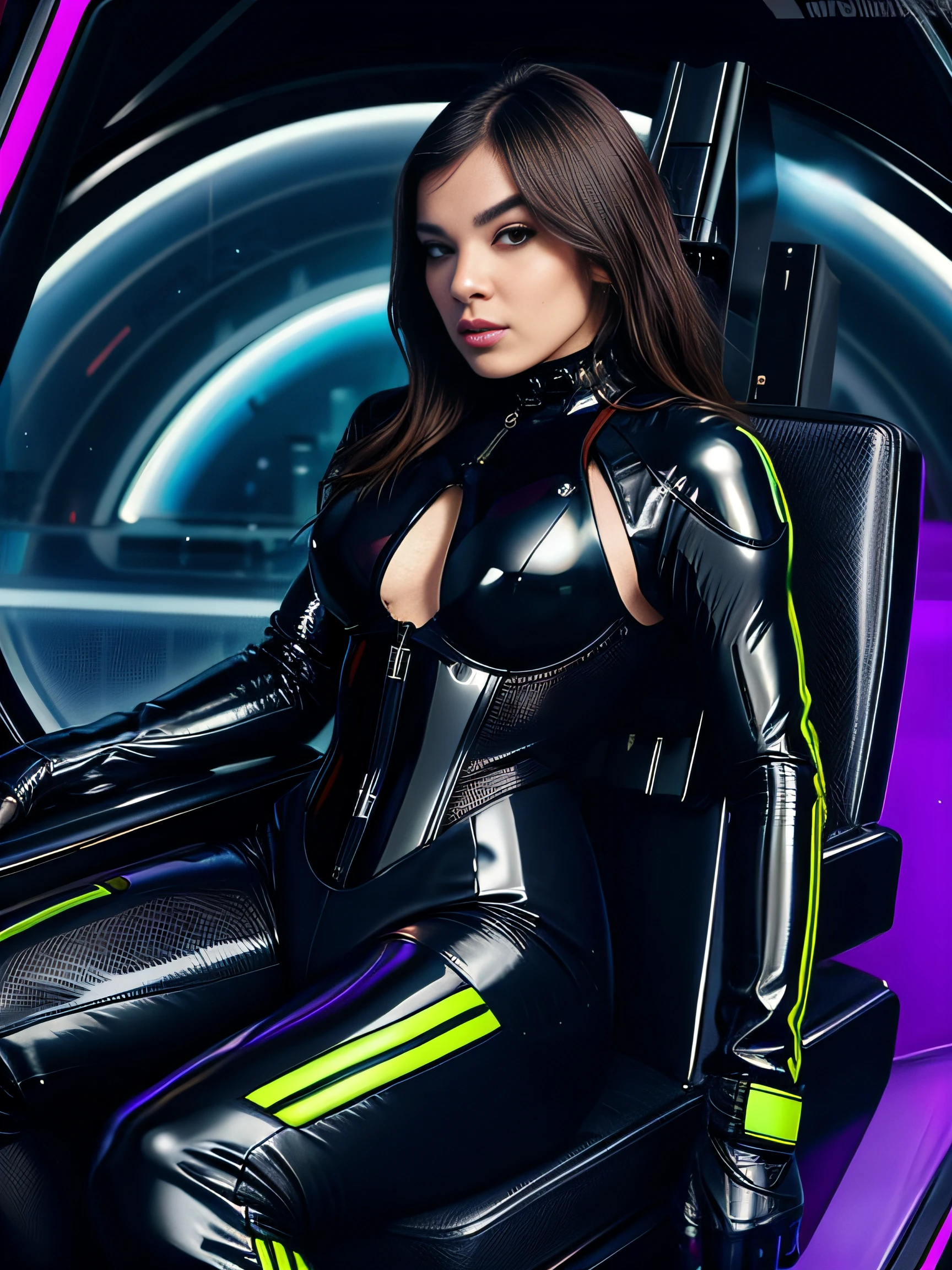 woman in a multi-colored leather suit sitting in a chair, (brown eyes:1.2), light brunette hair, dominatrix robot, powerful woman sitting in space, cyber suit, goth cybersuit, cybersuit, diverse cybersuits, cybersuits, cyberpunk glossy latex suit, dominatrix assassin robot, futuristic glossy latex suit, scifi woman, gynoid cyborg body, on her throne, clothed in cyber armour