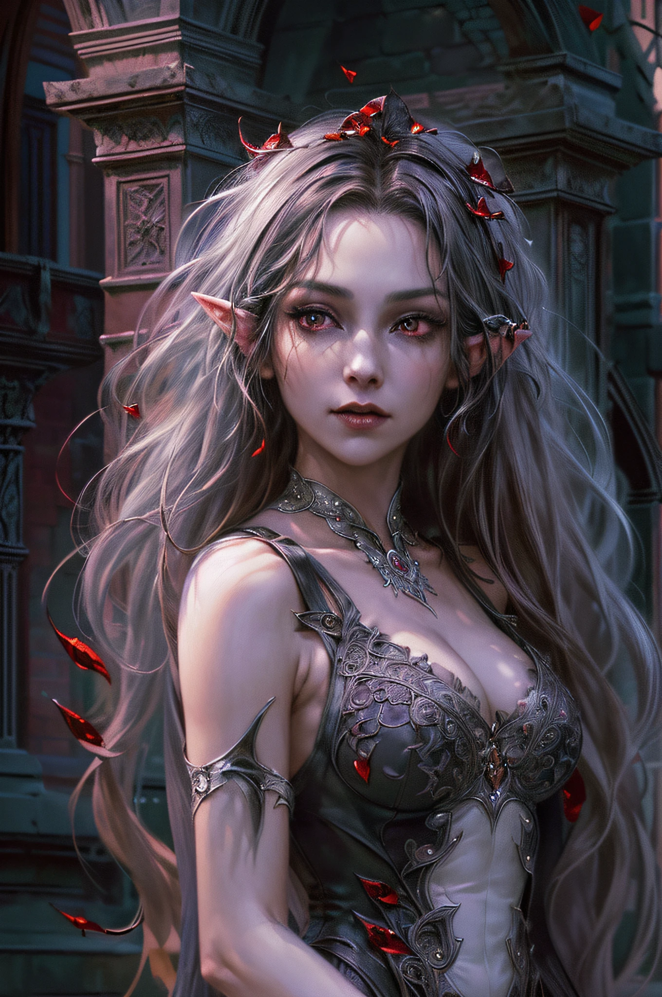 arafed, dark fantasy art, gothic art, (masterpiece:1.5), full body best details, highly detailed, best quality, highres, full body portrait of a vampire, elf (1.6, Masterpiece, best quality), ultra feminine (1.4 intricate details, Masterpiece, best quality) with a long curvy hair, dark color hair, red eyes (1.3 fantasy art, Masterpiece, best quality), ((beautiful delicate face)), Ultra Detailed Face (1.4 intricate details, fantasy art, Masterpiece, best quality), [visible sharp vampiric fangs] (1.6 intricate details, fantasy art, Masterpiece, best quality), [anatomically correct] red cloak, flowing cloak (1.4 intricate details, fantasy art, Masterpiece, best quality), wearing an intricate leather [white] dress (1.4 intricate details, gothic art, Masterpiece, best quality), high heeled boots, blood dripping on lips, urban background (intense details, beat details), fantasy, at night light, natural ,moon light, soft moon light, moon rays, clouds, gothic atmosphere, gothic street background, bats flying in background, soft light, dynamic light, [[anatomically correct]], high details, best quality, 8k, [ultra detailed], masterpiece, best quality, (extremely detailed), dynamic angle, ultra wide shot, RAW, photorealistic, zrpgstyle