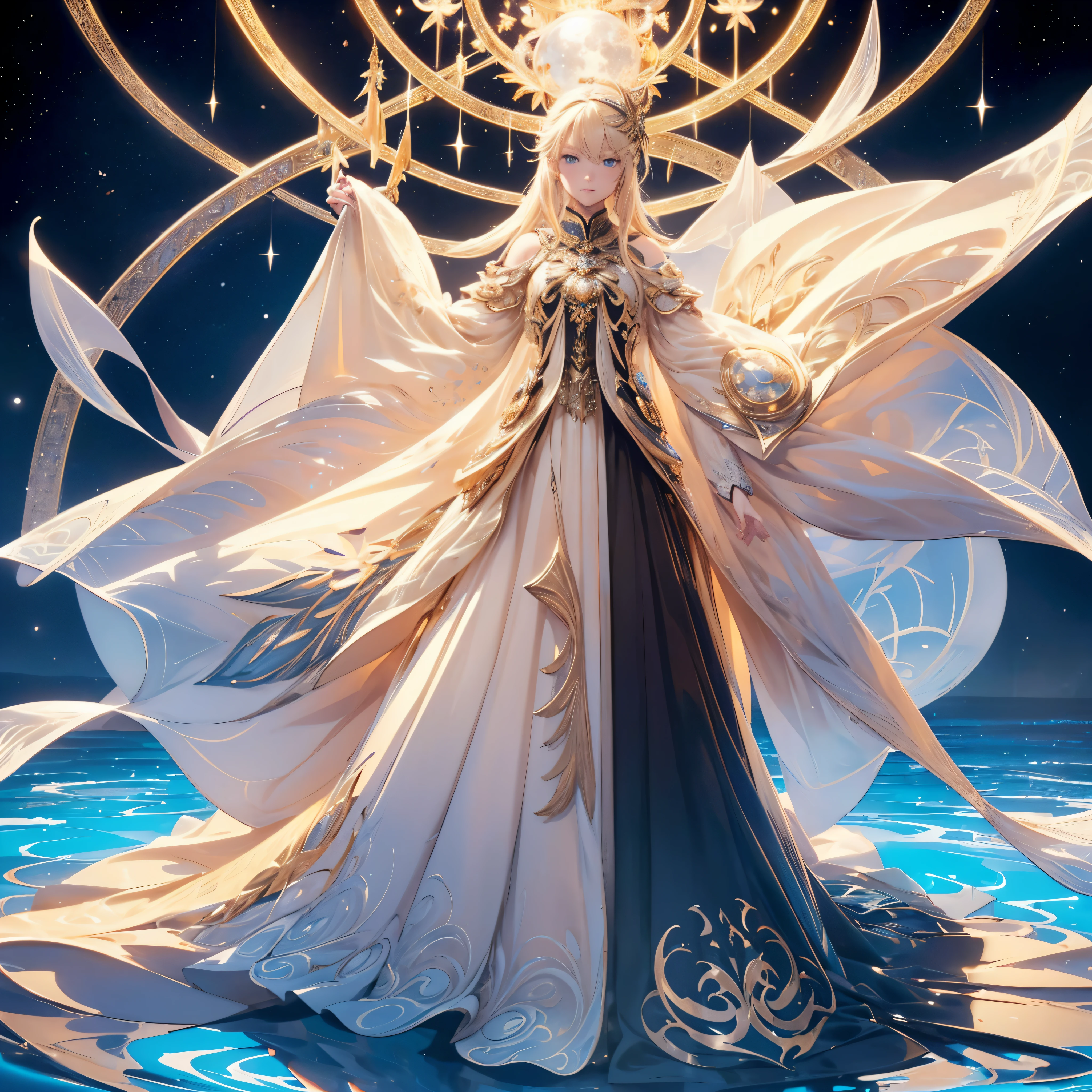 (Full body posing:1.5), (bunt:1.2), (Sehr detailliertes CG Unity 16k Hintergrundbild:1.1), (Entrauschung der Festigkeit: 1.45), (tmasterpiece:1.37),(Die beste Beleuchtung, Bester Schatten), (Beste Illustration), Dynamischer Winkel,delicate and beautiful moon,nur, (Hintergrundbeleuchtung), Mitten im Schuss, (The beautiful and delicate girl:1.3), beautiful bare back, (detailliertes Gesicht:1.2), (langes, schwebendes Haar:1.2), (Beautiful long dresses:1.2),(masuter piece:1.3),ExquisiteDetails, Highest quality in 8K resolution,Lebendige Farben, warme und sanfte Beleuchtung,(Glattes, glattes blondes Haar:1.4),(Haare in der Mitte gescheitelt:1.3),(Strahlendes Haar),(dunkelblaue Augen:1.3),Cute Smile Face,white skin, Haarspangen,kleine Halskette,The girl is standing on the water, Beautiful and delicate violet light water surface, Reflective water surface, (Sternenhimmel) , kalte Farbe, von der Seite,Lichtfunke, Leuchtendes Licht,