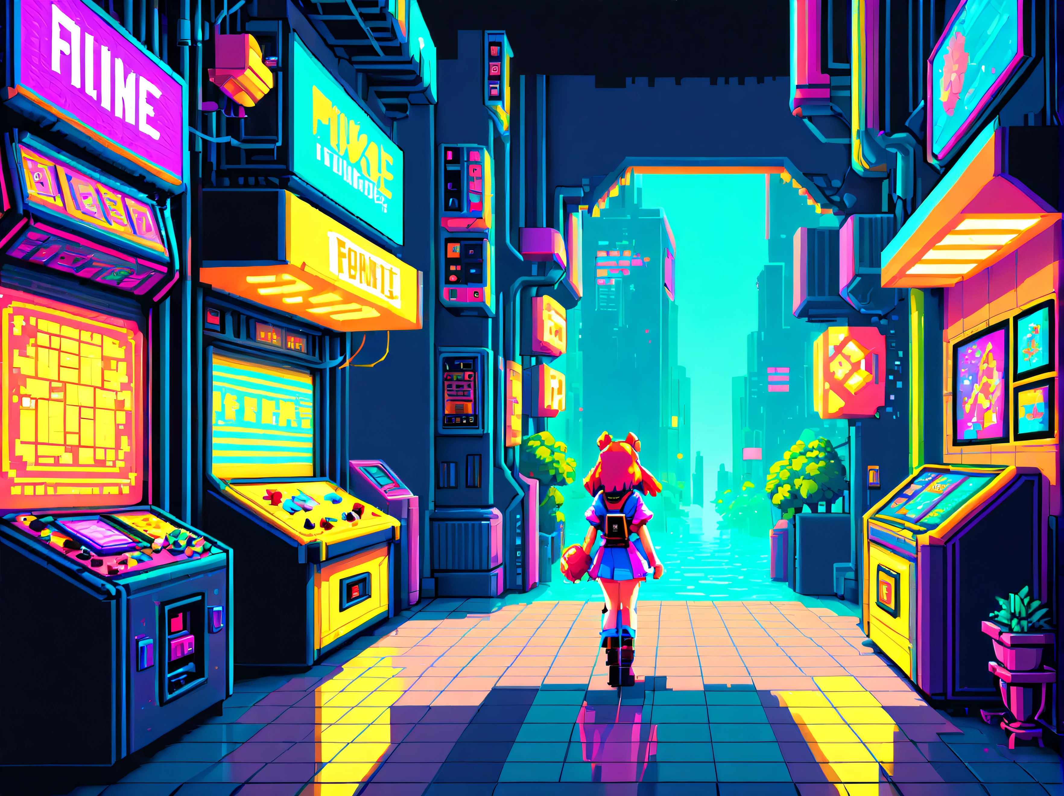 Pixel-Art Adventure featuring a Girl: Pixelated girl character, vibrant 8-bit environment, reminiscent of classic games.,Leonardo Style