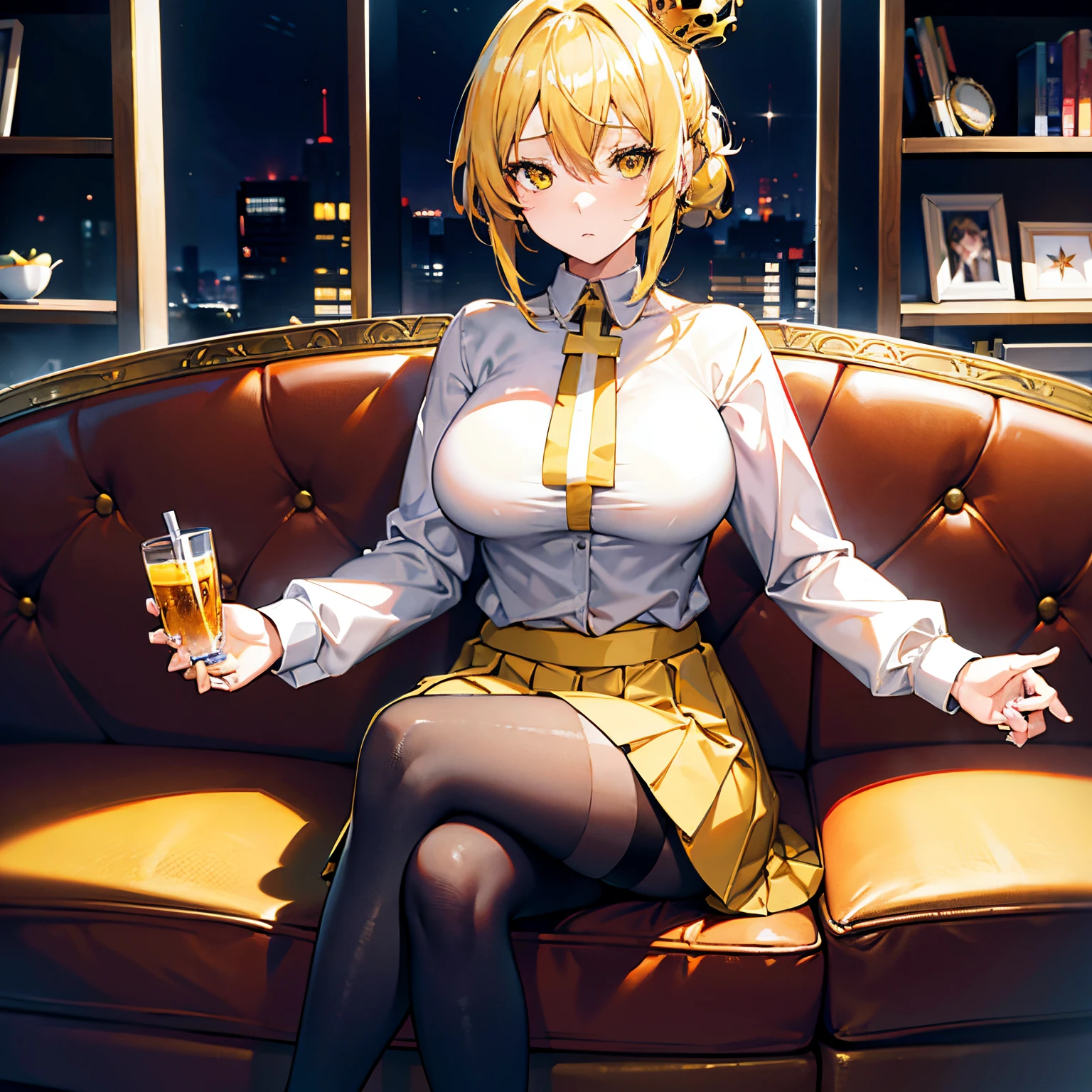 "anime girl, 1 person, bright blonde hair, yellow eyes, crown on head, women's shirt, office uniform, big breasts, tights, sitting on sofa, sitting cross-legged, chin in hand, looking , character perspective, solo, (full HD 4K+ image)"
