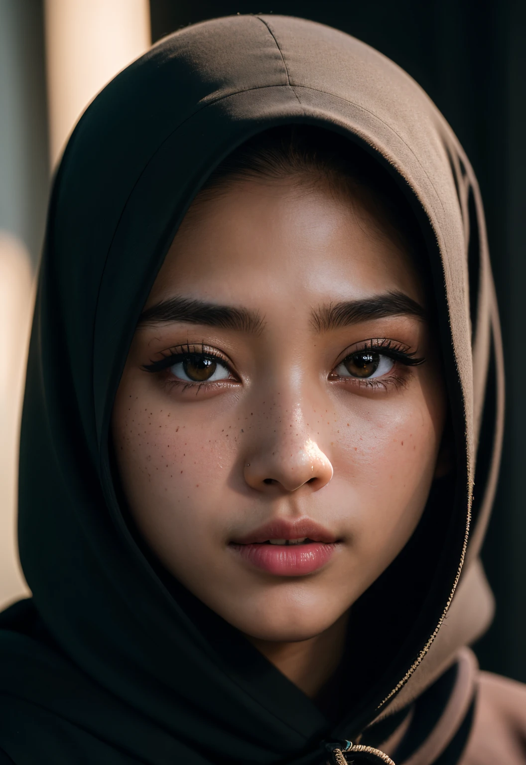 Raw photography、hijab malay girl, Black Hoodie、(1girl in)、(realisitic)、(Photorealsitic:1.5)、lipstickornfreckles(Raw photography、8K UHD)、Sharp eyeliner、Blush eyeshadow with thick eyelashes、extremely delicate and beautiful、8K、(Soft lighting)、hightquality、hight resolution, ighly detailed、during the day、(sunlight on face)、beatiful detailed eyes、 extremely detailed eye and face、​masterpiece、(lighting like a movie)、(high-detail skin:1.2)、8K UHD、Digital SLR、Soft lighting、hightquality、film masterpiece, top-quality, hightquality, hight resolution