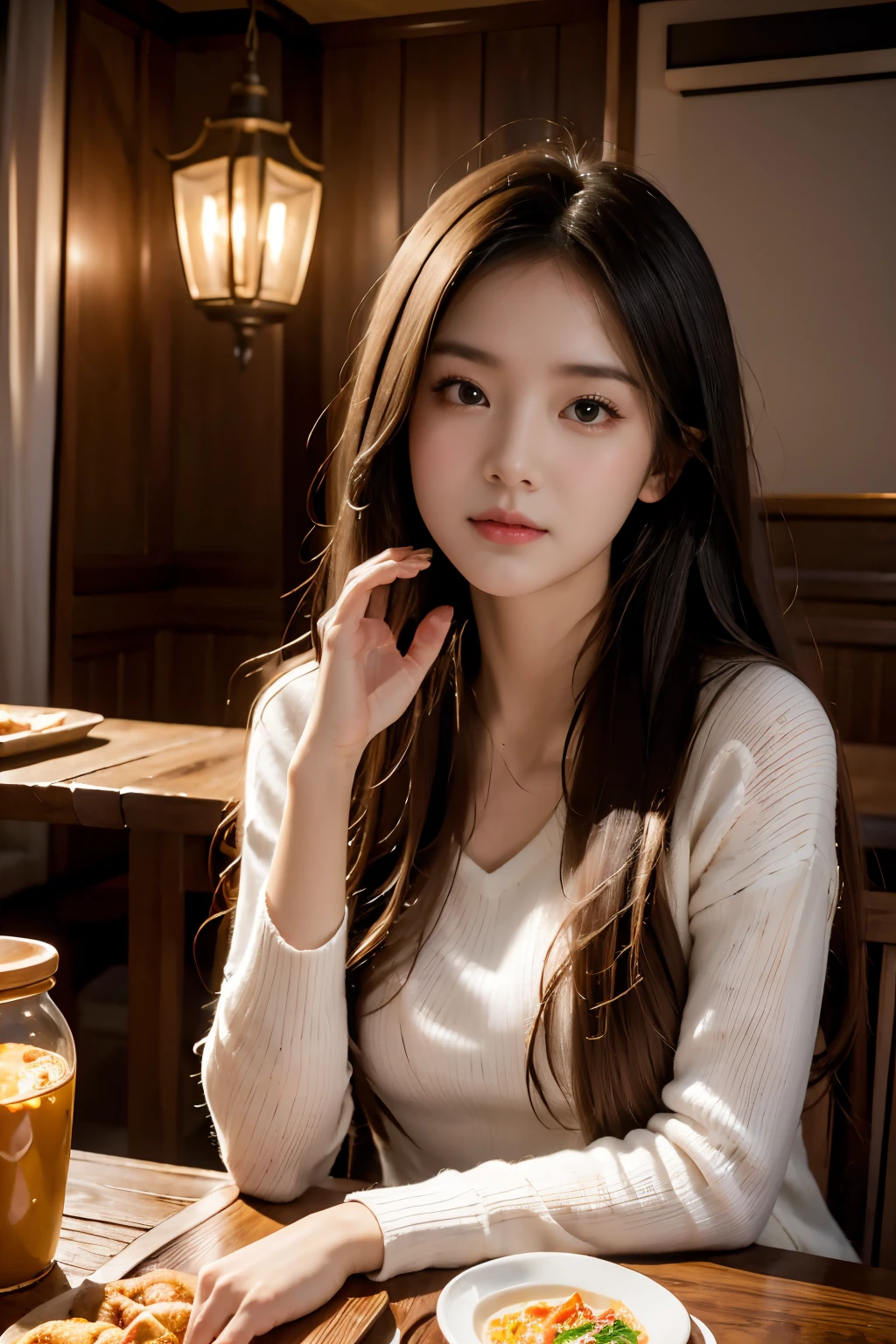 girl, Eat western food in a western restaurant, lamplight,