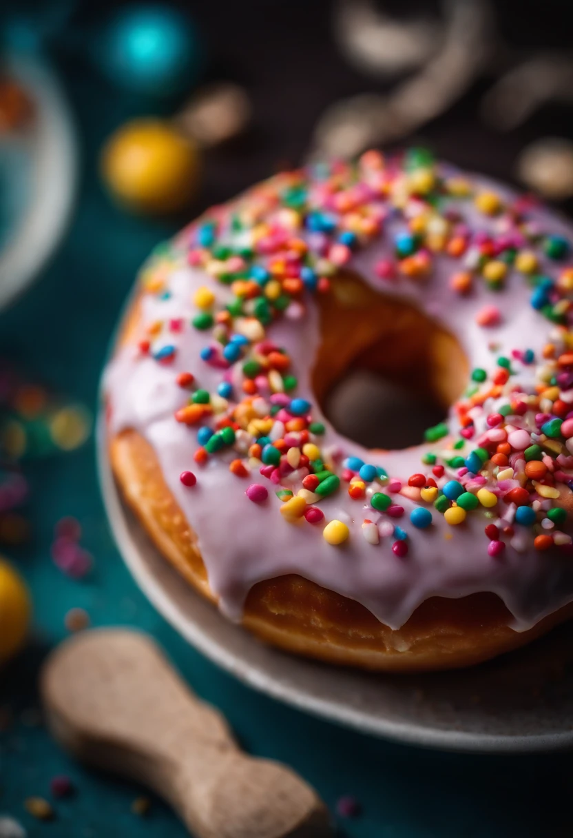 A close-up shot of a donut being decorated with colorful sprinkles, with the sprinkles scattered across the glaze and adding a playful and visually delightful touch.