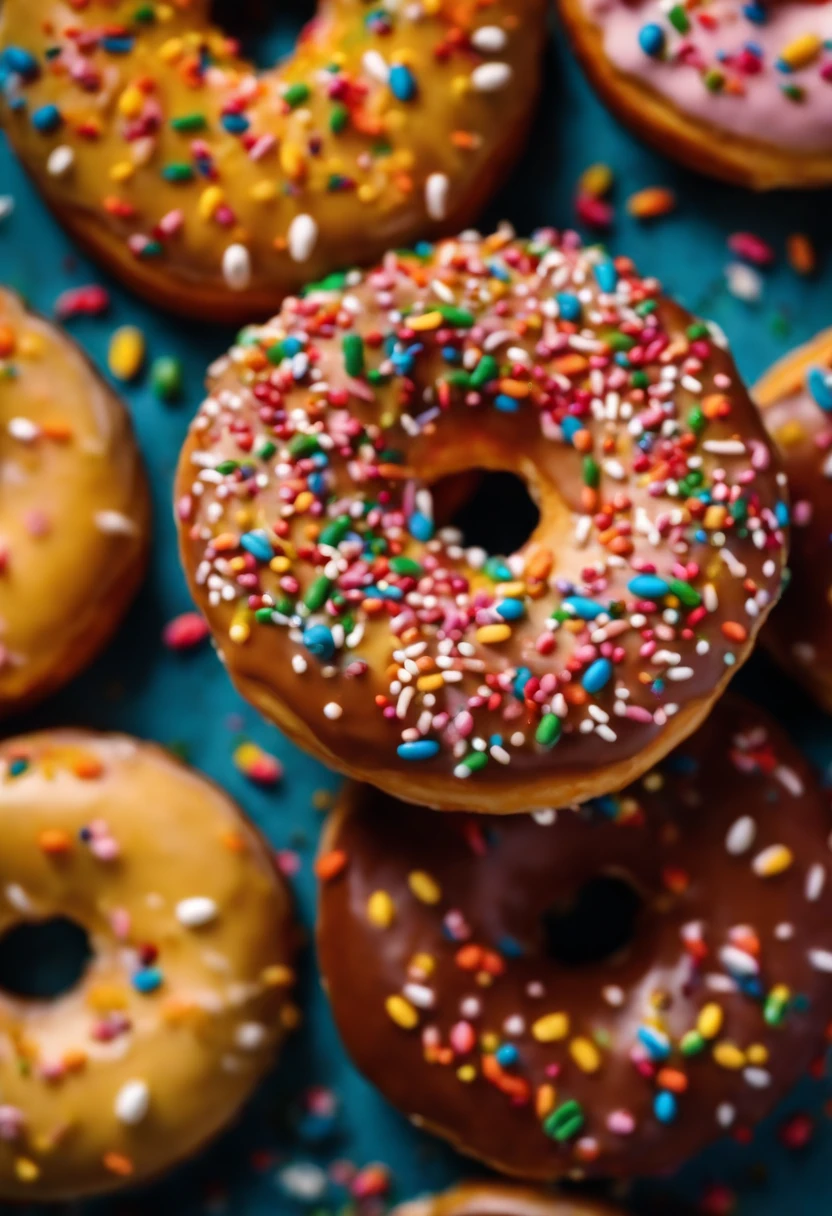 A close-up shot of a donut being decorated with colorful sprinkles, with the sprinkles scattered across the glaze and adding a playful and visually delightful touch.
