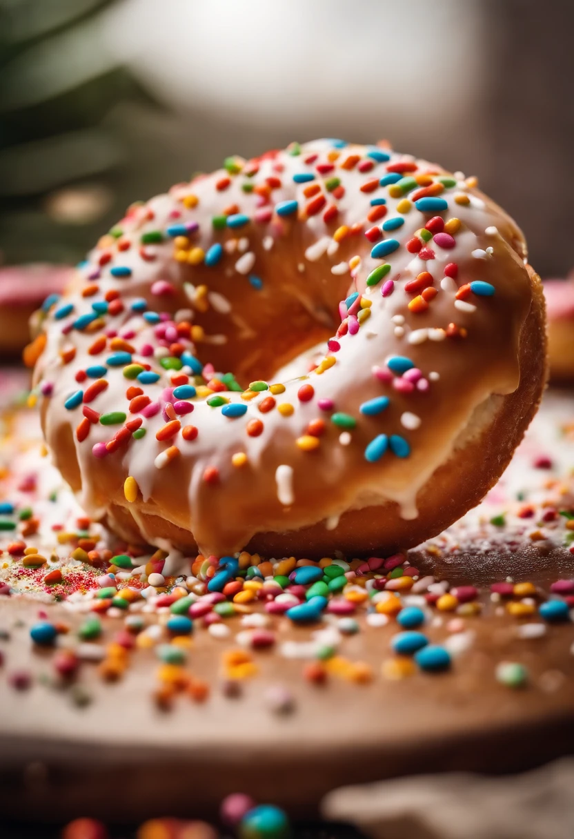 A close-up shot of a donut being decorated with colorful sprinkles, with the sprinkles scattered across the glaze and adding a playful and visually delightful touch.