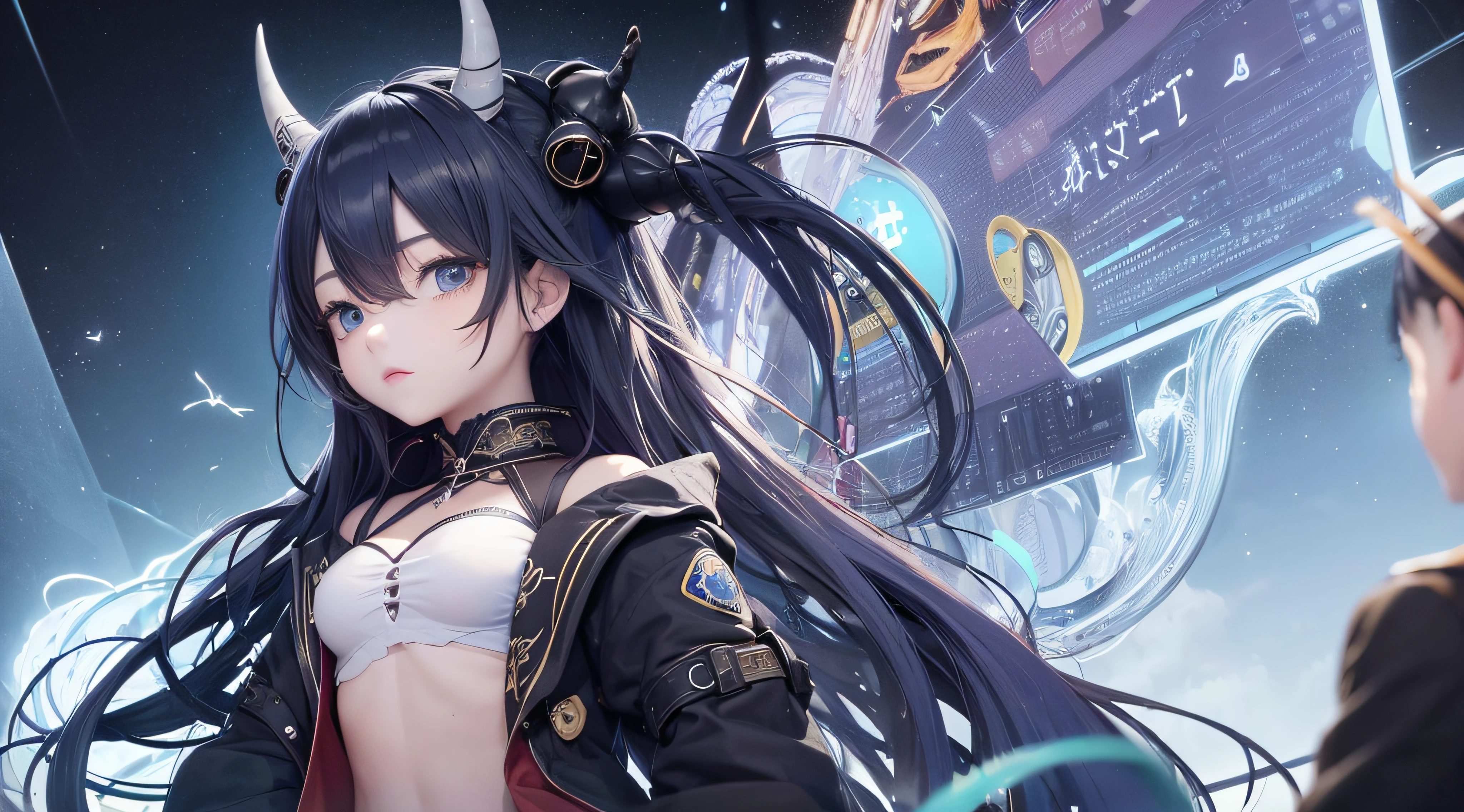 (obra prima) (perfection) (ultrarrealista |) (sem defeitos) (Frankenstein) (varias partes diferentes do corpo) japanese; triste garota anime; android; mechanical arm; asas negras de anjo, horns on the head; roupa de couro preta e vermelha; boca costurada; olho direito na cor verde; olho esquerdo na cor azul; ambiente de laboratorio cientifico; varios experimentos ao redor