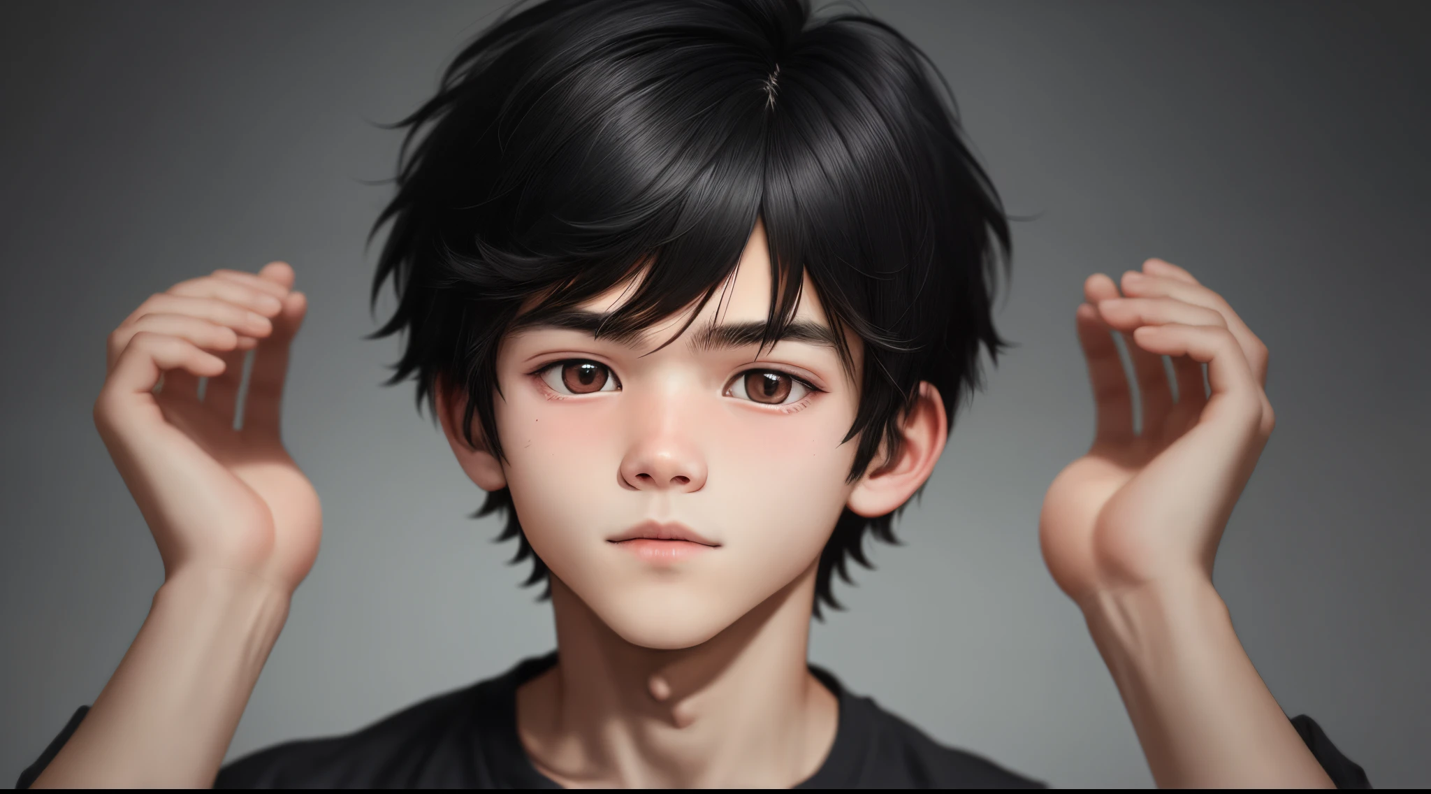 Black-haired boy with short hair shows off his demons