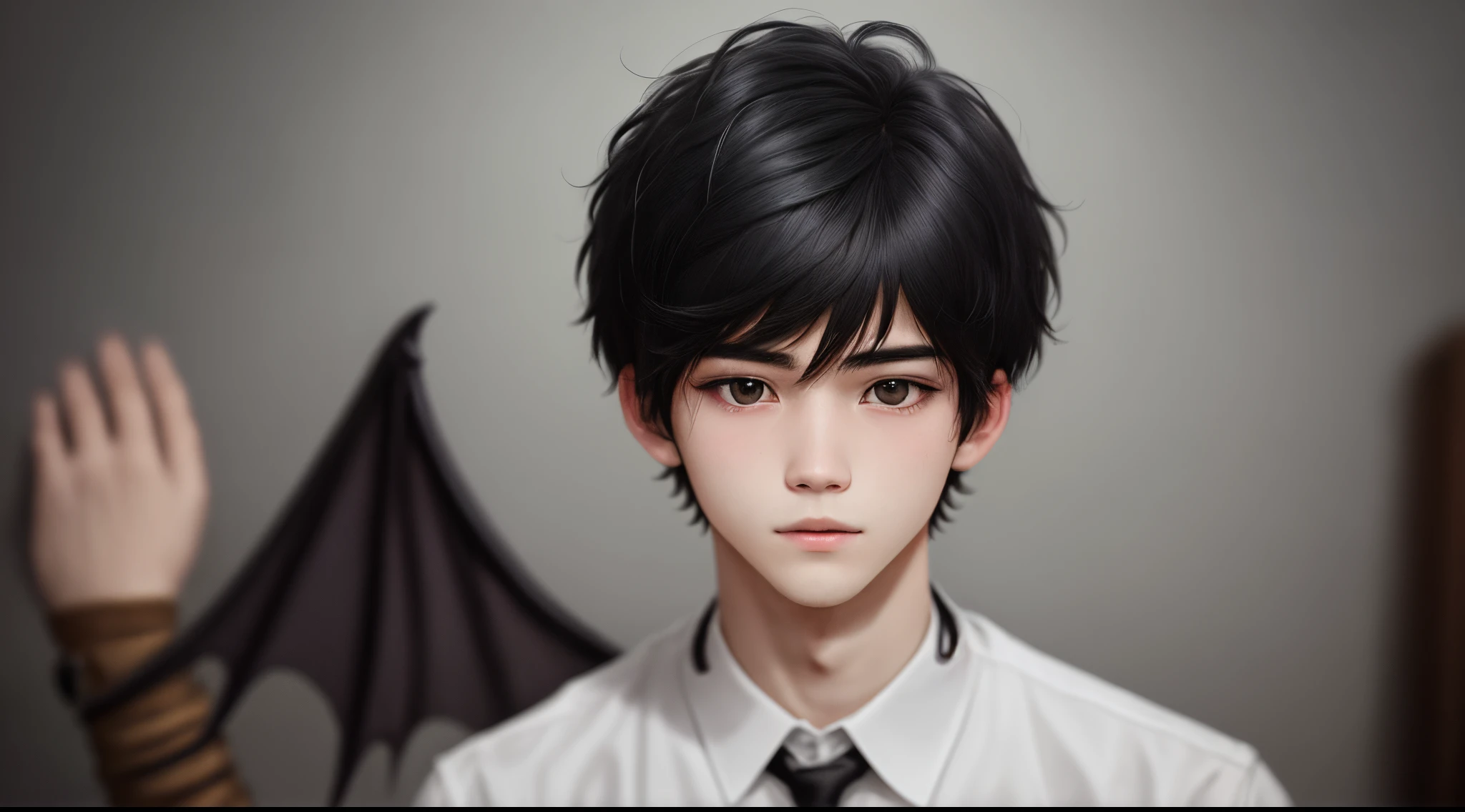 Black-haired boy with short hair shows off his demons