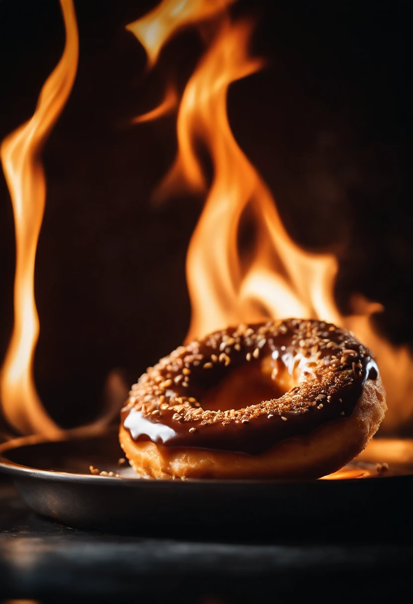 A visually stunning composition of a donut being flambéed, with the flames licking the surface and caramelizing the glaze, creating a visually dramatic and dynamic image.