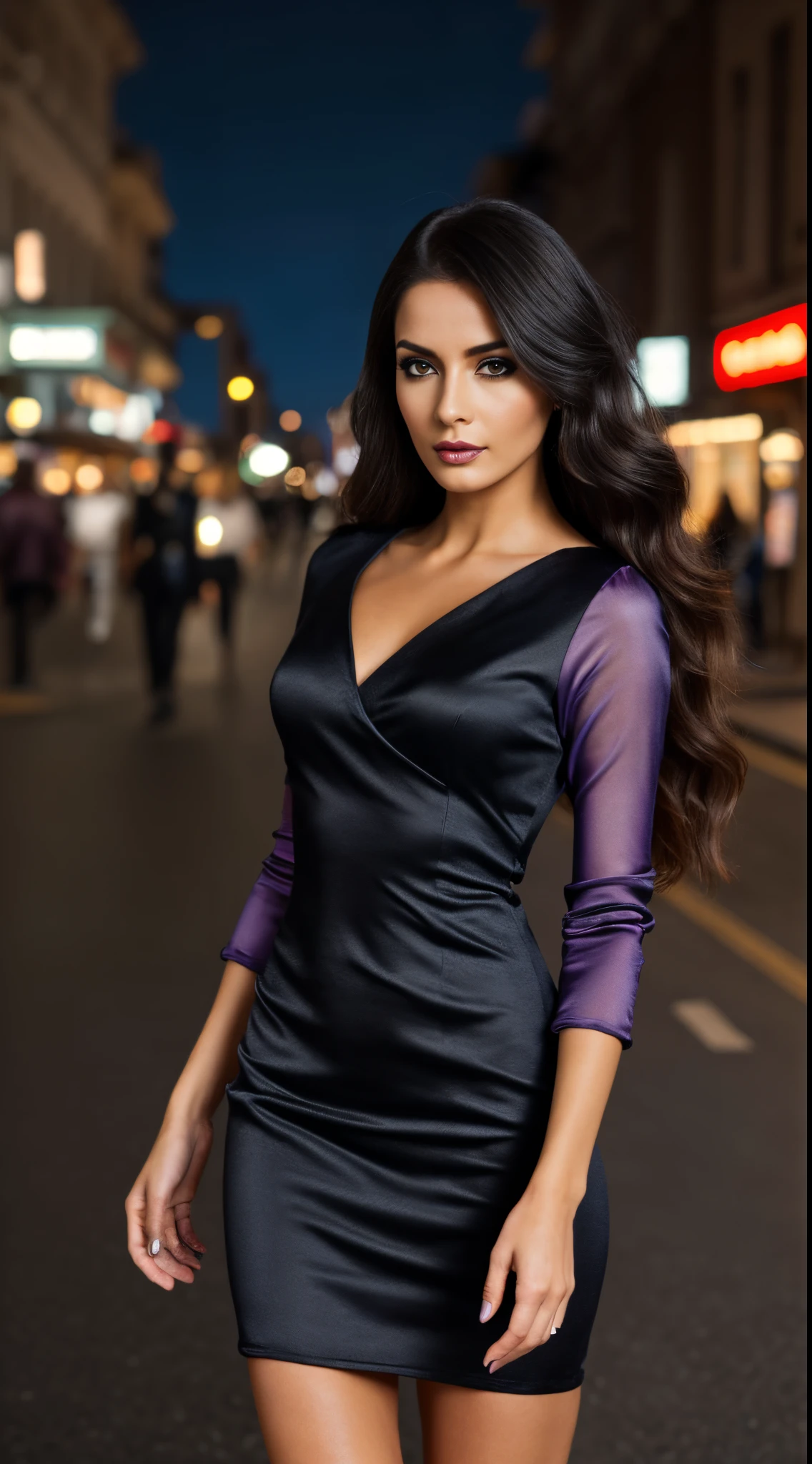 beautiful European 30-year-old woman, (confident look: 1.1), slim athletic body, long black wavy hair, realistic, highly detailed eyes , seductive pose , black eyeshadow, airy purple pink blue silk dress, walking, night city street , dark makeup, fashionable artstation, Extremely detailed, fine details, complex, detailed facial features, sharp focus, smooth, aesthetic photorealistic