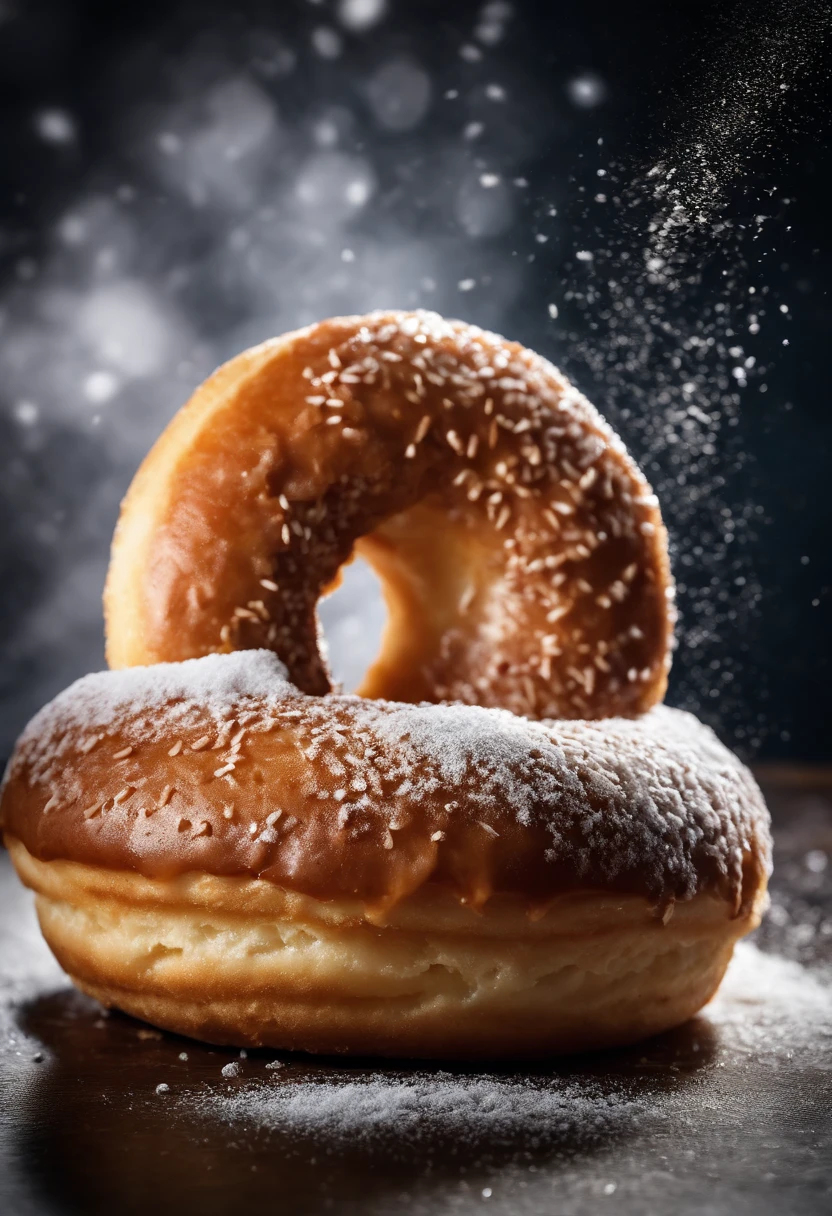 A close-up shot of a donut being dusted with powdered sugar, with the sugar delicately coating the surface and creating a visually elegant and classic image.