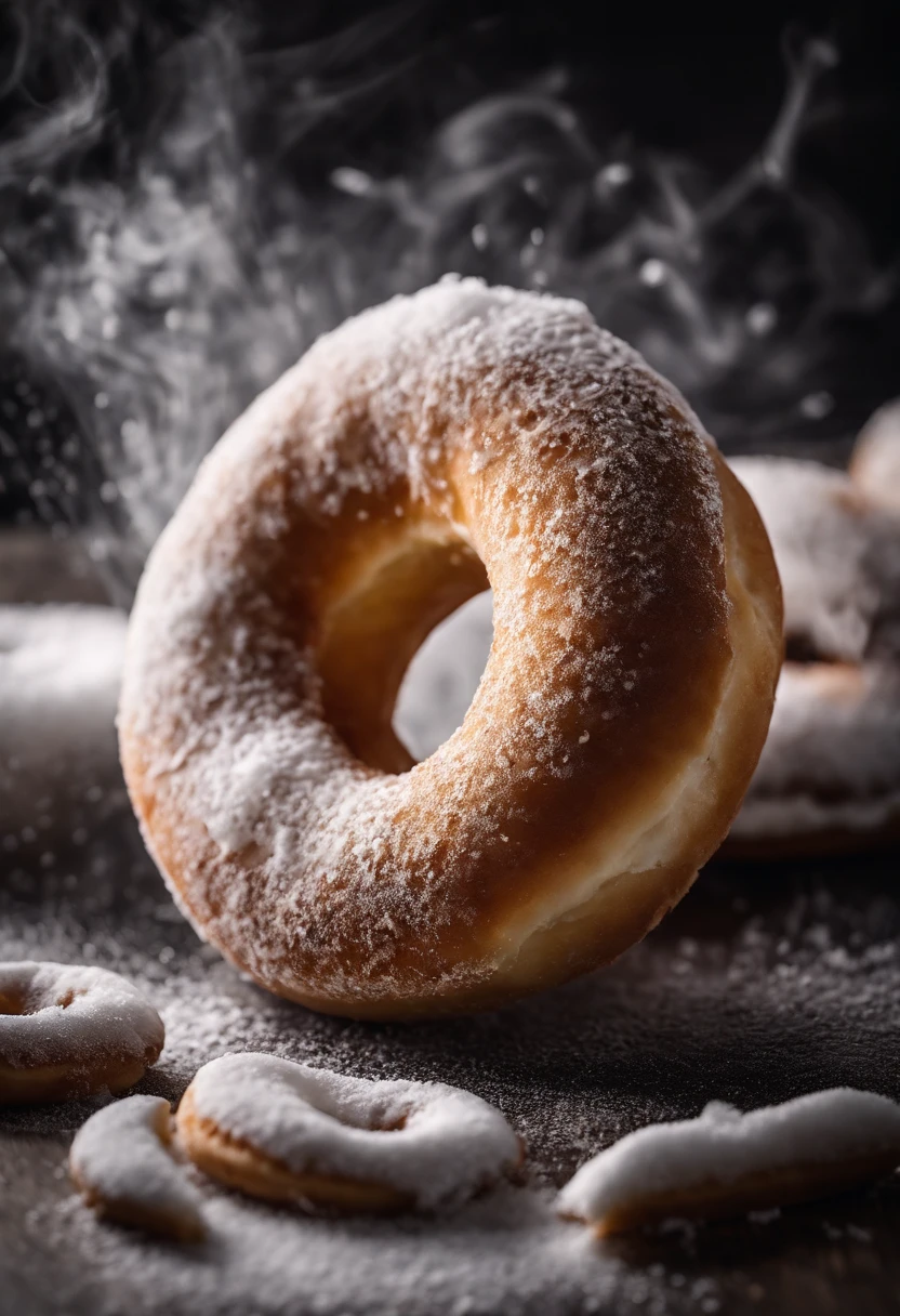 A close-up shot of a donut being dusted with powdered sugar, with the sugar delicately coating the surface and creating a visually elegant and classic image.