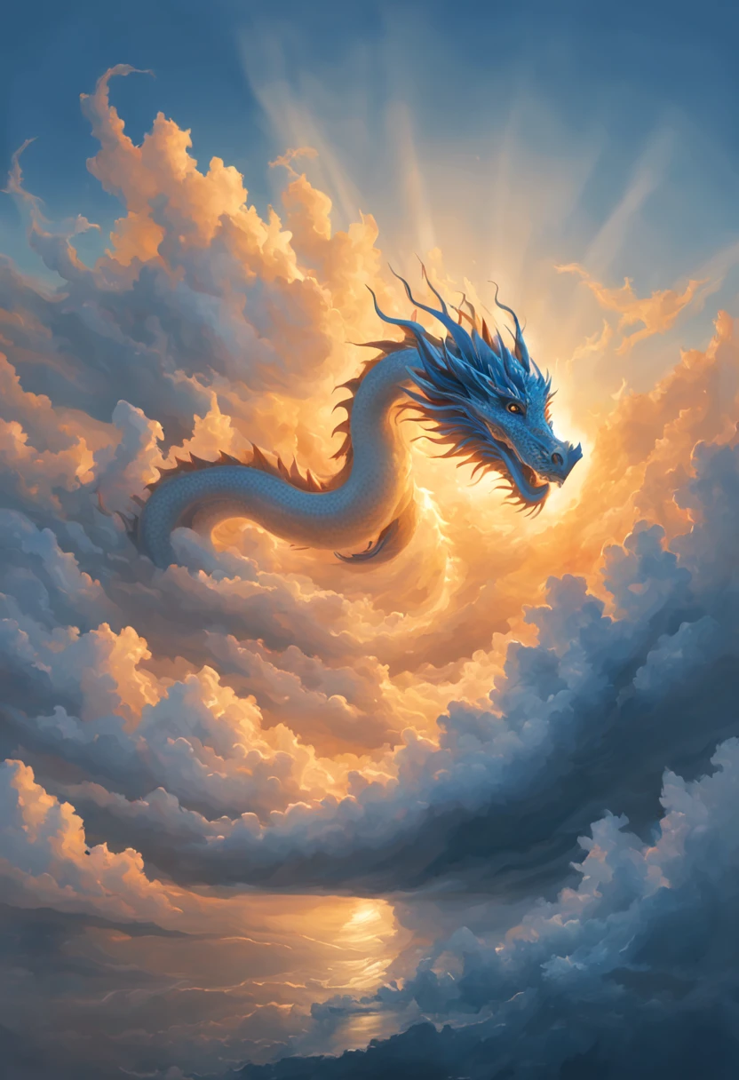 Cloud,dragon shaped cloud,illuminated by the rays of the setting sun ,The ocean in the background,foggy atmosphere,On-air lighting,Thin clouds,Smooth Lines,shades of light blue and white,calm and majestic scene,Stunning details,artistic interpretation,Pictorial style,Masterpiece:1.2