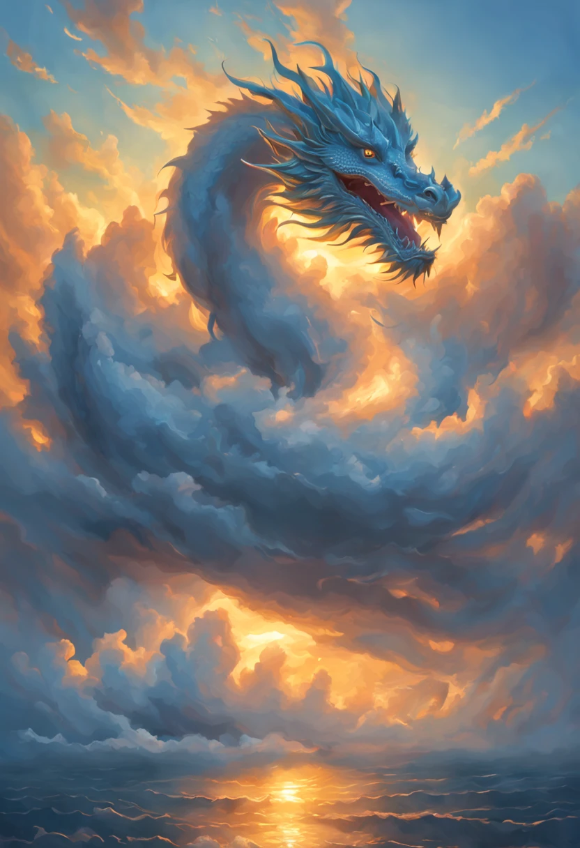 Cloud,dragon shaped cloud,illuminated by the rays of the setting sun ,The ocean in the background,foggy atmosphere,On-air lighting,Thin clouds,Smooth Lines,shades of light blue and white,calm and majestic scene,Stunning details,artistic interpretation,Pictorial style,Masterpiece:1.2