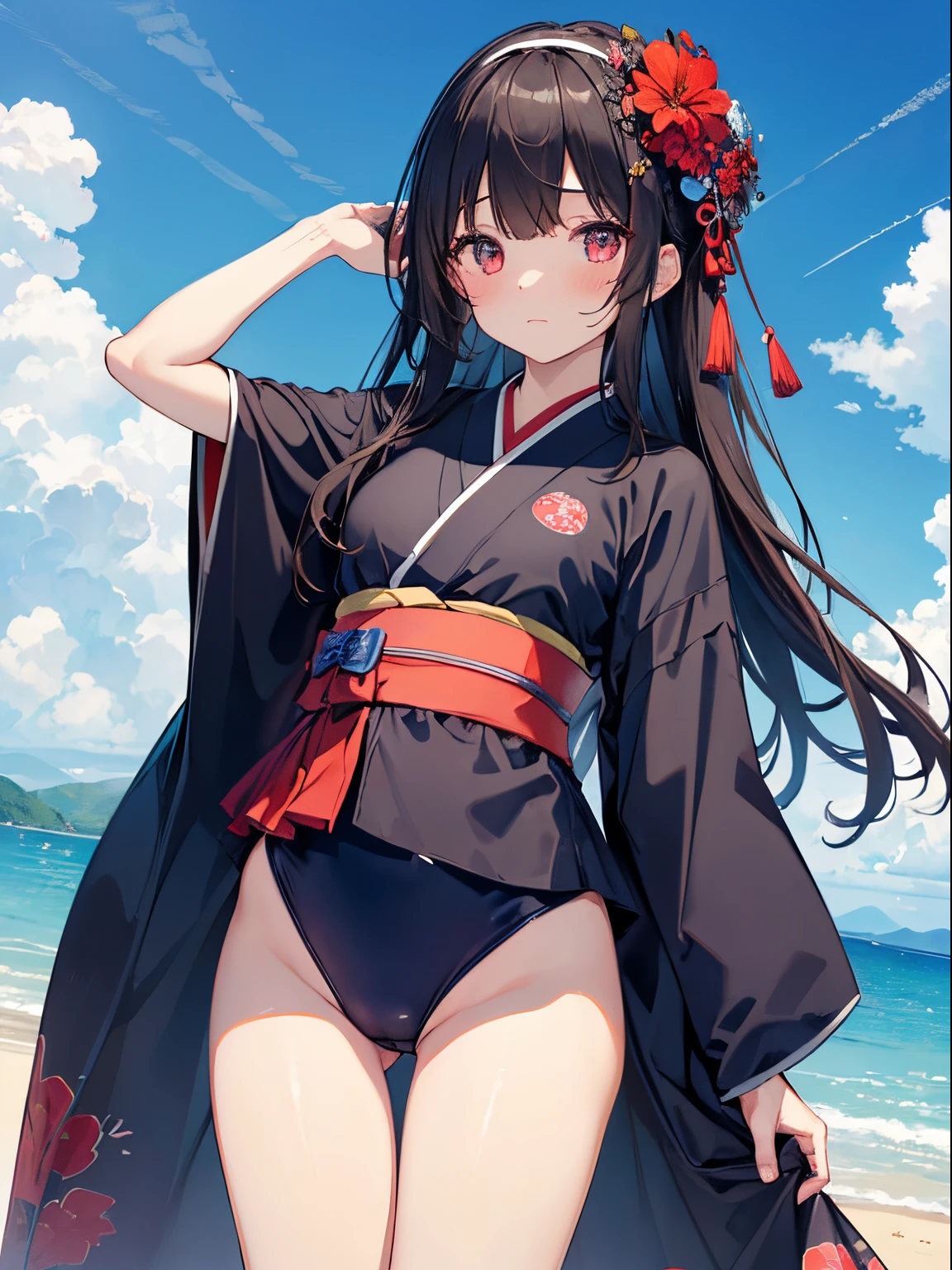 ((2D beautiful girl:1.5、top-quality:1.5、Perfect fingers:1.1、perfect anatomia:1.1、Dress perfectly、Beautiful illustration))、cute petit girl、(transform sequence)、((cute decorative headbands、Pretty kimono style swimsuit))、8ars old、Solio、Fractal Art、baace、(ight long hair))、Beautiful big drooping eyes、Red in the face and embarrassed、dismay、Slender and beautiful legs、(longshot)、((1 persons))、Against the background of blue sky and sandy beach、A dark-haired