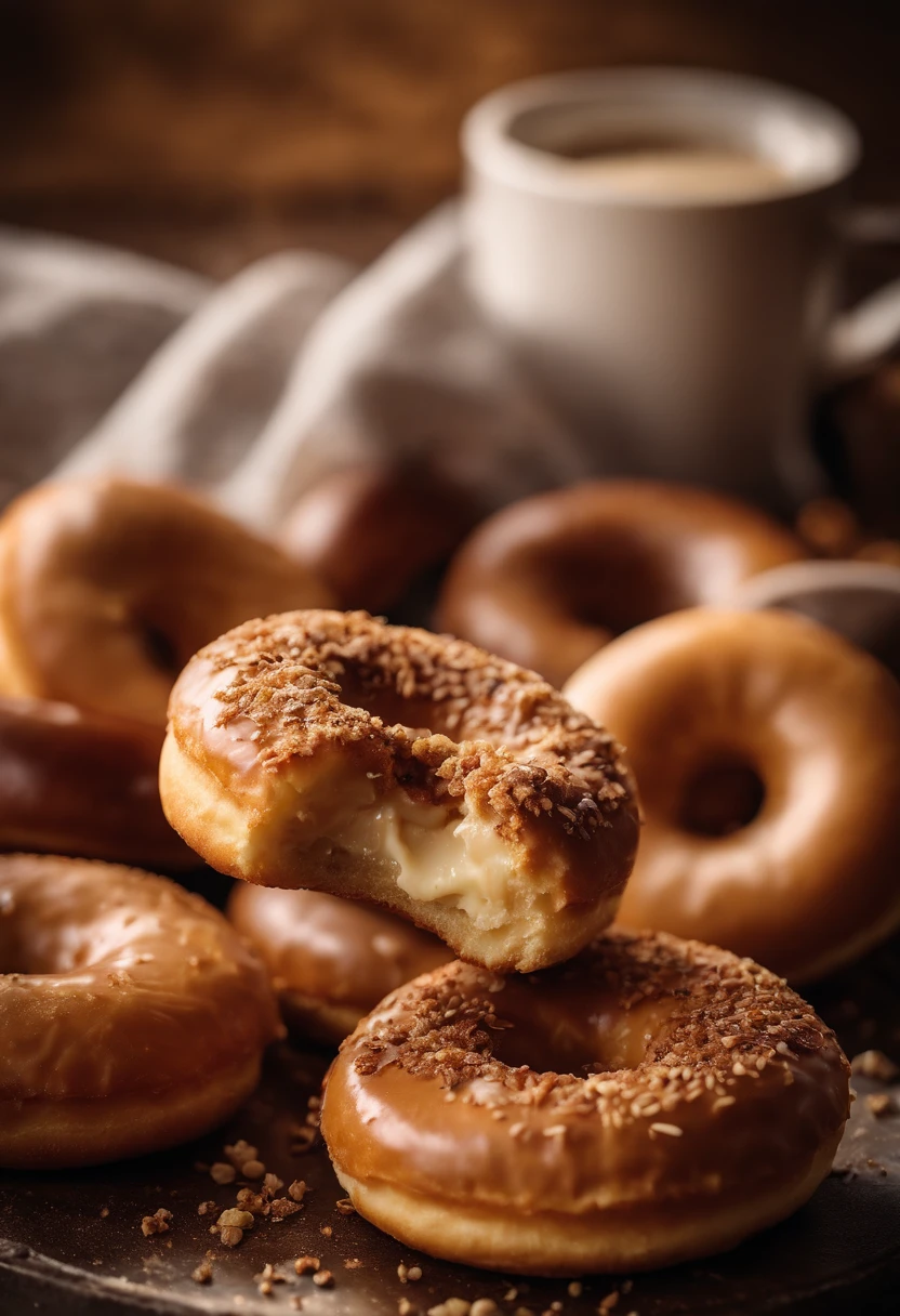 A high-resolution image of a donut being enjoyed, with a bite taken out of it and crumbs scattered around, capturing the moment of indulgence and creating a visually relatable and mouthwatering scene.