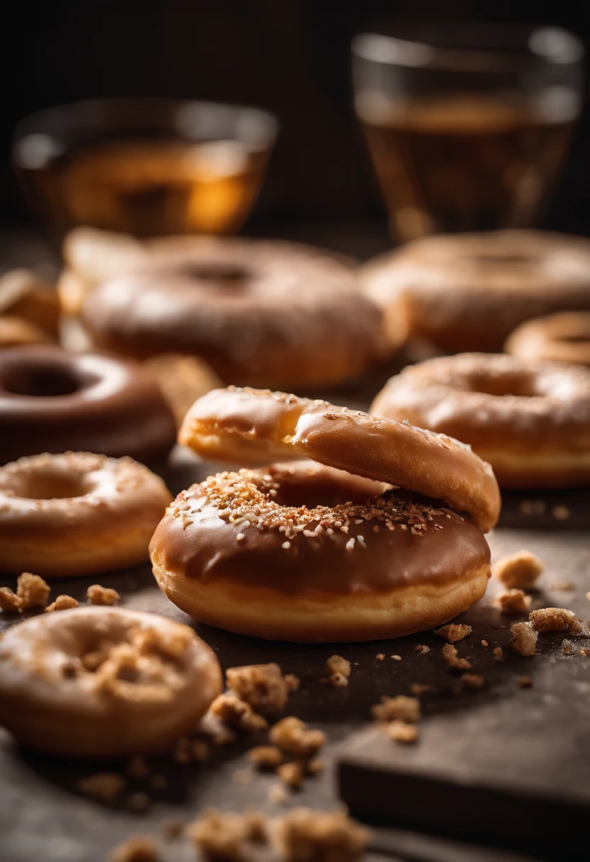 A high-resolution image of a donut being enjoyed, with a bite taken out of it and crumbs scattered around, capturing the moment of indulgence and creating a visually relatable and mouthwatering scene.