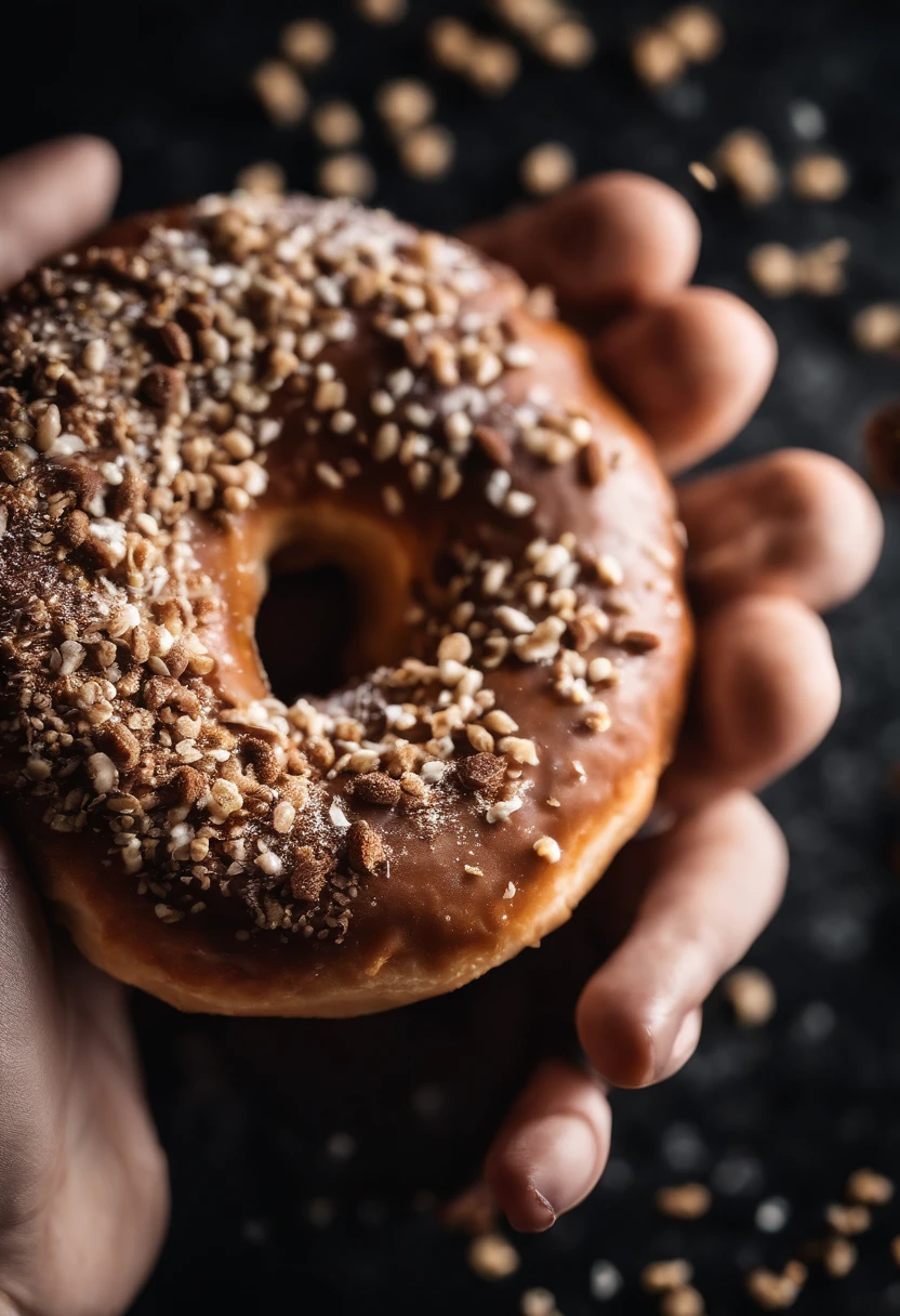A high-resolution image of a donut being enjoyed, with a bite taken out of it and crumbs scattered around, capturing the moment of indulgence and creating a visually relatable and mouthwatering scene.