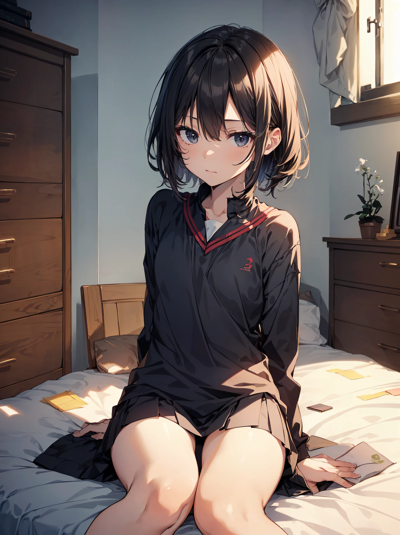 Anime girl sitting on a bed with a book in her hand - SeaArt AI
