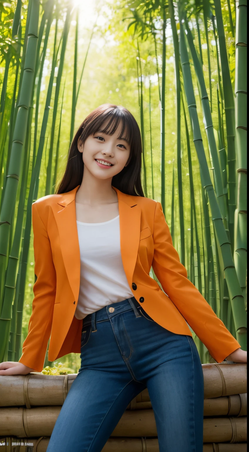 On a vibrant autumn afternoon,Figure 1 is from the highest quality 8K masterpiece.3,Shows a 19 year old girl。She is wearing an orange blazer and skinny jeans,Sitting quietly in the bamboo forest。Sunlight shines through mottled bamboo leaves,A layer of soft light and shadow enveloped her body。Her skin looks fairer in the sun,Contrast with orange blazer。 from this angle,we can see the girl'of the whole body。She is slim and healthy,This sportswear suits her figure very well,show her energetic image。Her legs spread naturally,Cross your hands at your waist,appear confident and powerful。 That girl'The eyes are bright and determined,smiling and looking into the camera,It seems to be telling a story about struggle and hard work.。Her smile is like the autumn sunshine shining in the bamboo forest,Make people feel the vitality of youth and vitality of life。in this picture,We seem to feel her inner determination and love for life。 Surrounded by dense bamboo forest,Abundant greenery,The river is gurgling,Create dynamic scenes with girls。This scene is like a passionate poem,Telling about the beautiful time in autumn afternoon。