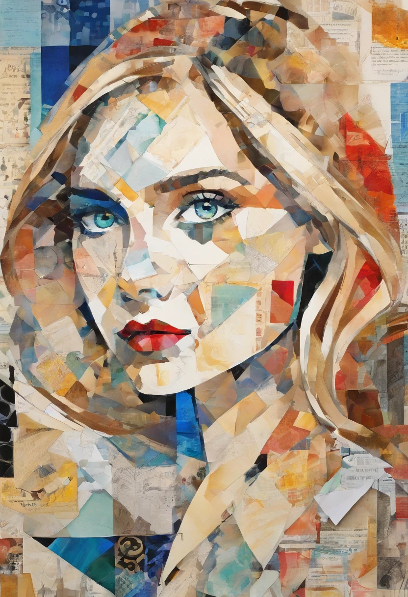 drawing, Sketched, watercolor paiting, Robert Delaunay collage, Cubism, abstract, Cute daughter, big clear blue eyes, slightly red cheek, Blonde long-haired, News papers and fashion magazines in the background, Intricate Brushwork, high-level image quality, A breathtaking masterpiece