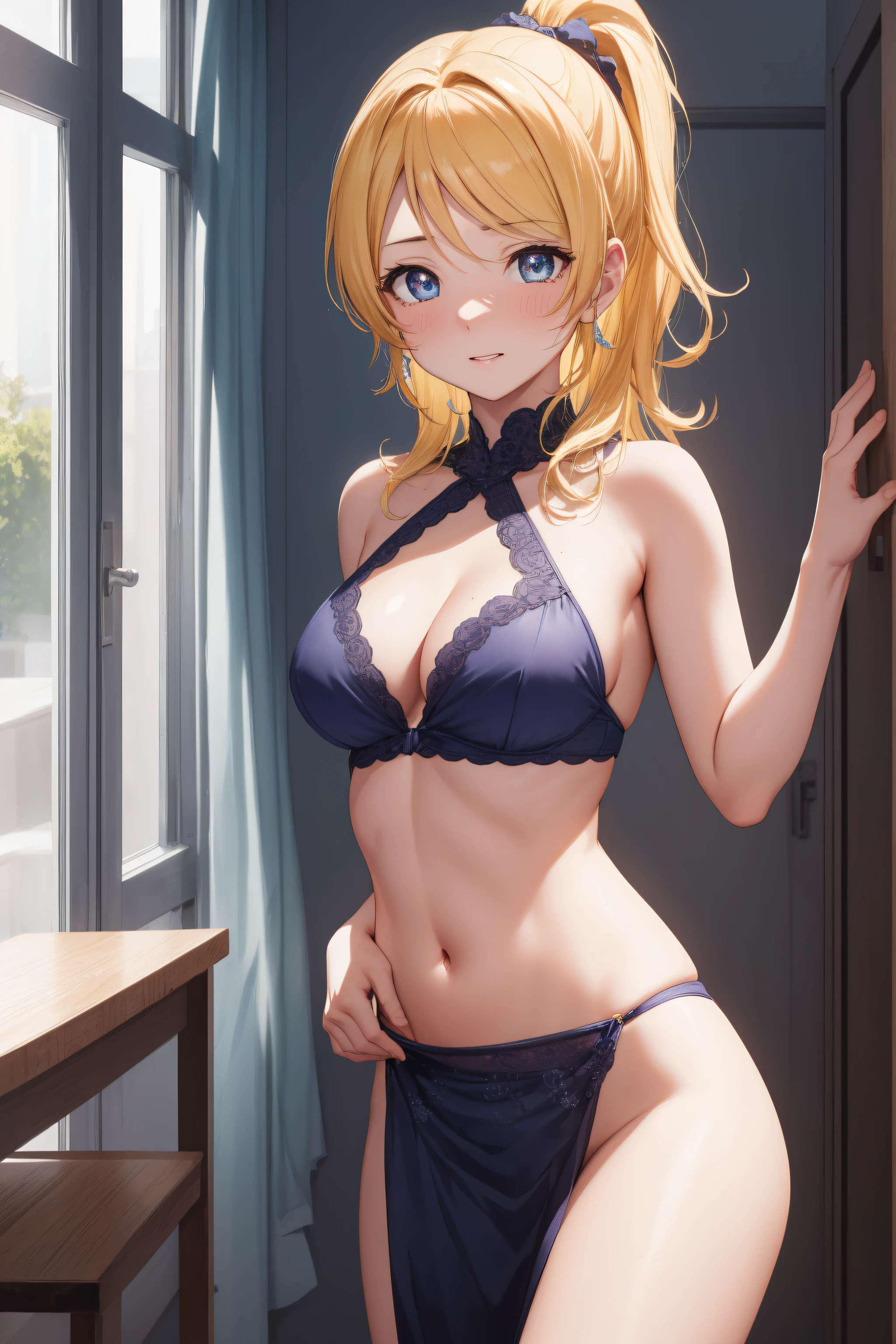 eliayase, eli ayase, yellow hair, blue eyes, ponytail, hair ribbon, medium breast,
BREAK bikini top, pink shirt,
BREAK looking at viewer,standing,leaning forward, (arms behind back:1.2), pov, nsfw, provocative, nervous, embarrassed, blushing,
BREAK indoors, classroom,
BREAK (masterpiece:1.2), best quality, high resolution, unity 8k wallpaper,NSFW ,(illustration:0.8), (beautiful detailed eyes:1.6), extremely detailed face, perfect lighting, extremely detailed CG, (perfect hands, perfect anatomy),